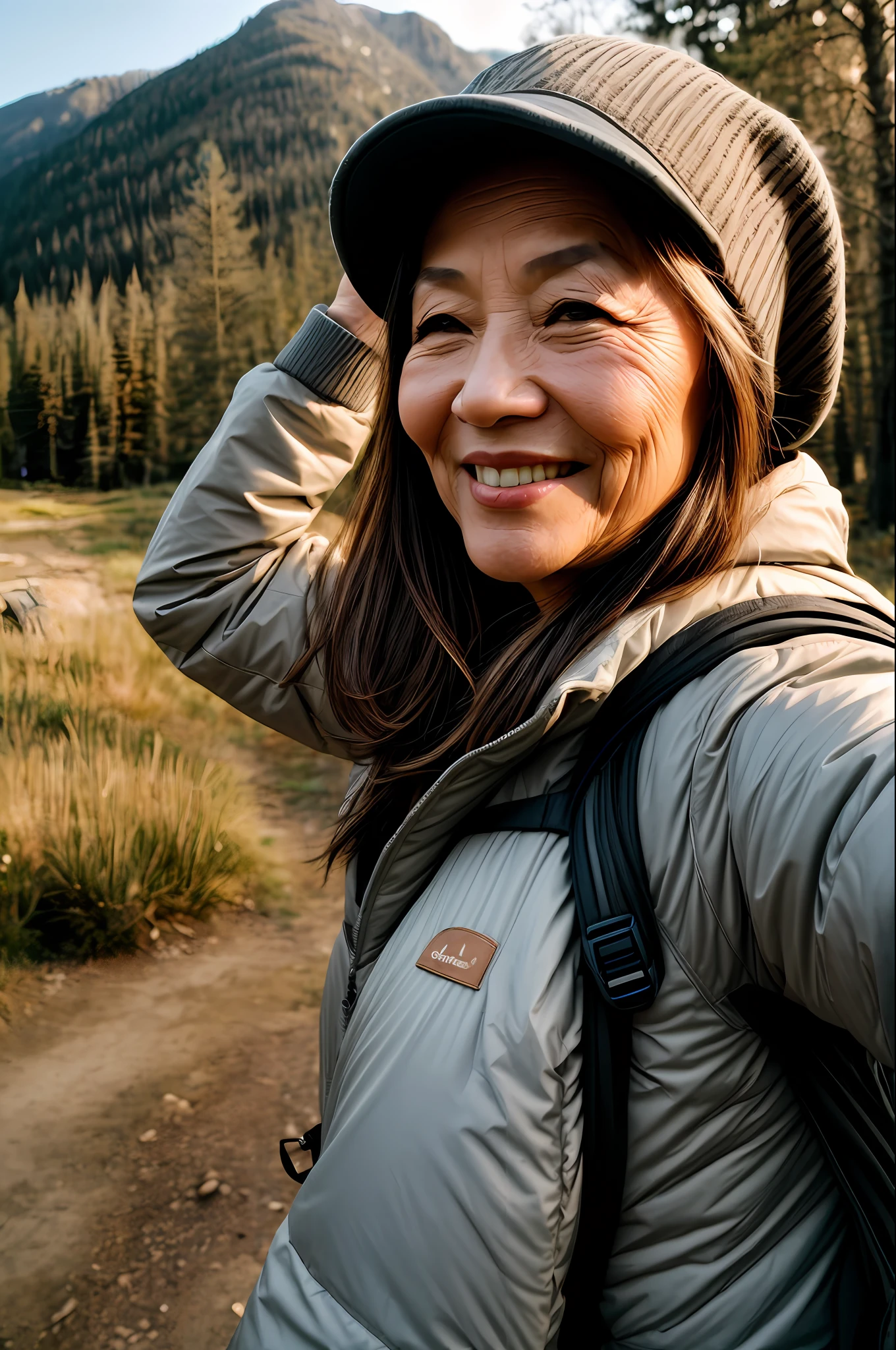 1 Mature Asian Woman((upper body selfie, happy)), masterpiece, bestquality, An ultra-Detailed,, solo、, out door, (night), mountainous, Natural, (the stars, Moon) cheerful, happy, backpack, sleeping bag, camping stove, water bottle, mountain boots, glove, sweater, hat, flashlight, forest、, rocks, river, woods, smoke, shadows, contrast, clear sky, analog style (looks at the viewer:1.2) (skin texture) (Film grain:1.3), (warm hue, warm tone)
:1.2), crose up, ciinematic light, Sidelight, Ultra High Res, best shadows, .RAW, upper half body