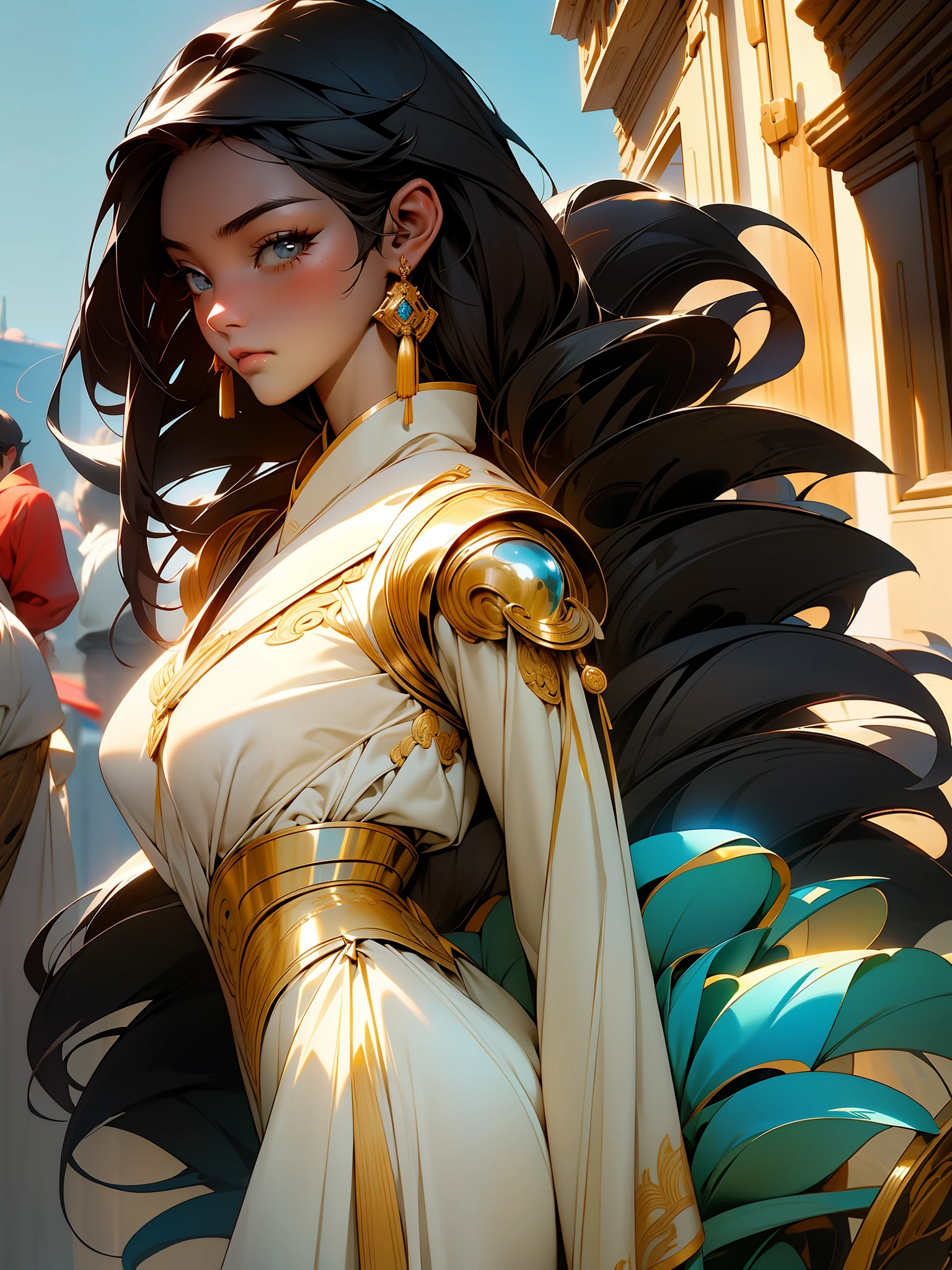 masterpiece, black hair, 1 girl, View Viewer, long hair, solo, mecha, ancient art, Chines,