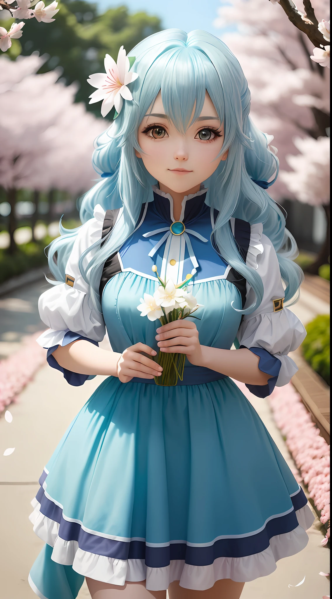(extremamente detalhado CG unidade 8k wallpaper) (melhor qualidade) (best lighting) (um extremamente delicado e belo) (flutuante) (lindo) (vibe primavera) (1menina) (cabelo azul longo), (faixa de cabelo), (olhos azuis detalhados e bonitos), (vestido branco), (cherry blossom petals), (dof), (volumetric light), cosplay, Aqua, Konosuba