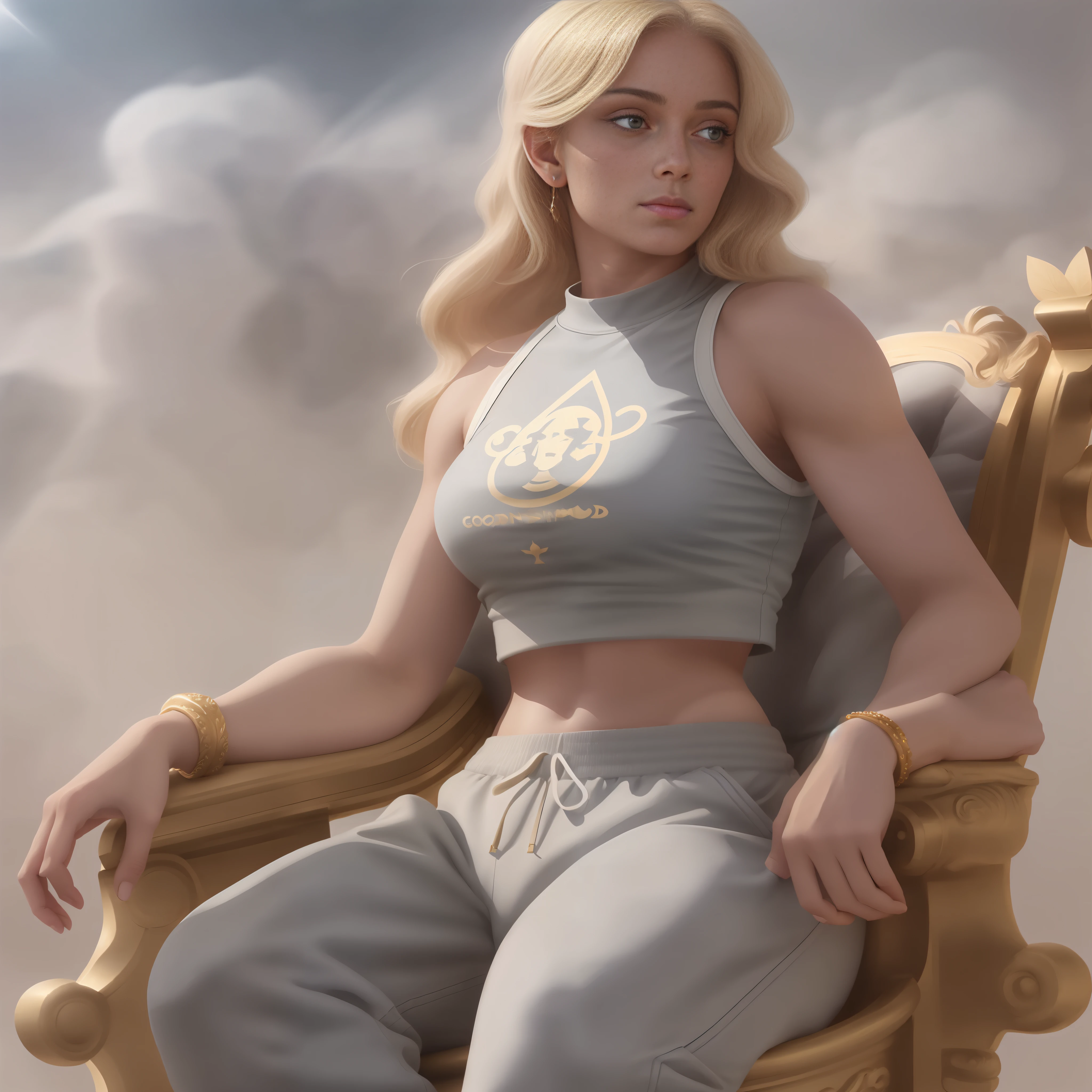 god is a blonde woman above the clouds, sitting on a golden throne, on a cloud  detailed face, grey sport croptop, grey sweatpants