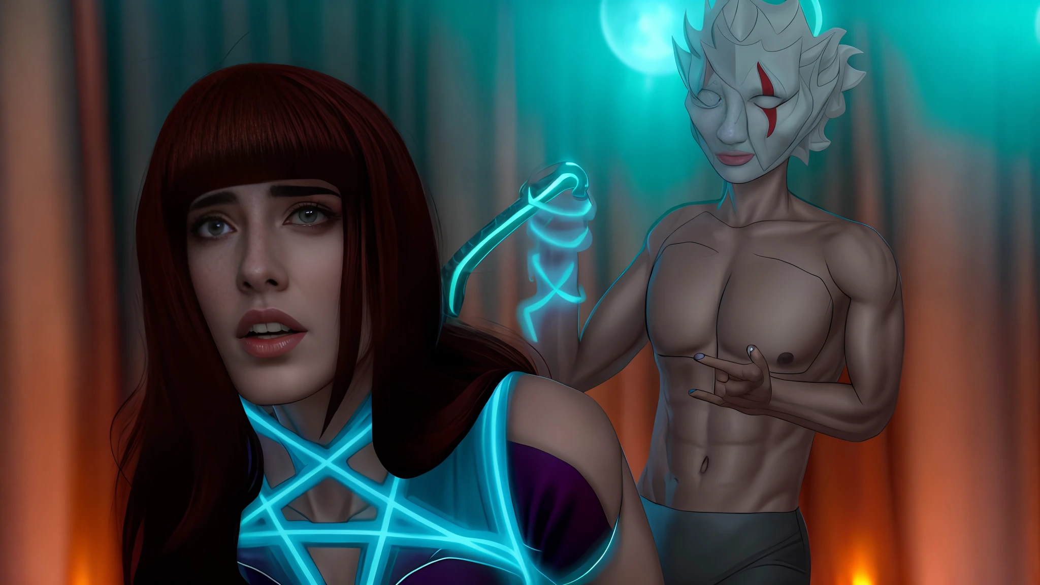 cartoon of a woman with a demon face and a man with a sword, o anime sombreado, rotoscopia, Charli Bowater e Artgeem, o-sombrio:17, o-sombrio:15, o sombreado:15, summoning a demon, invocando um deus eldritch, animado ainda, lobisomem sexy moral alta raiva