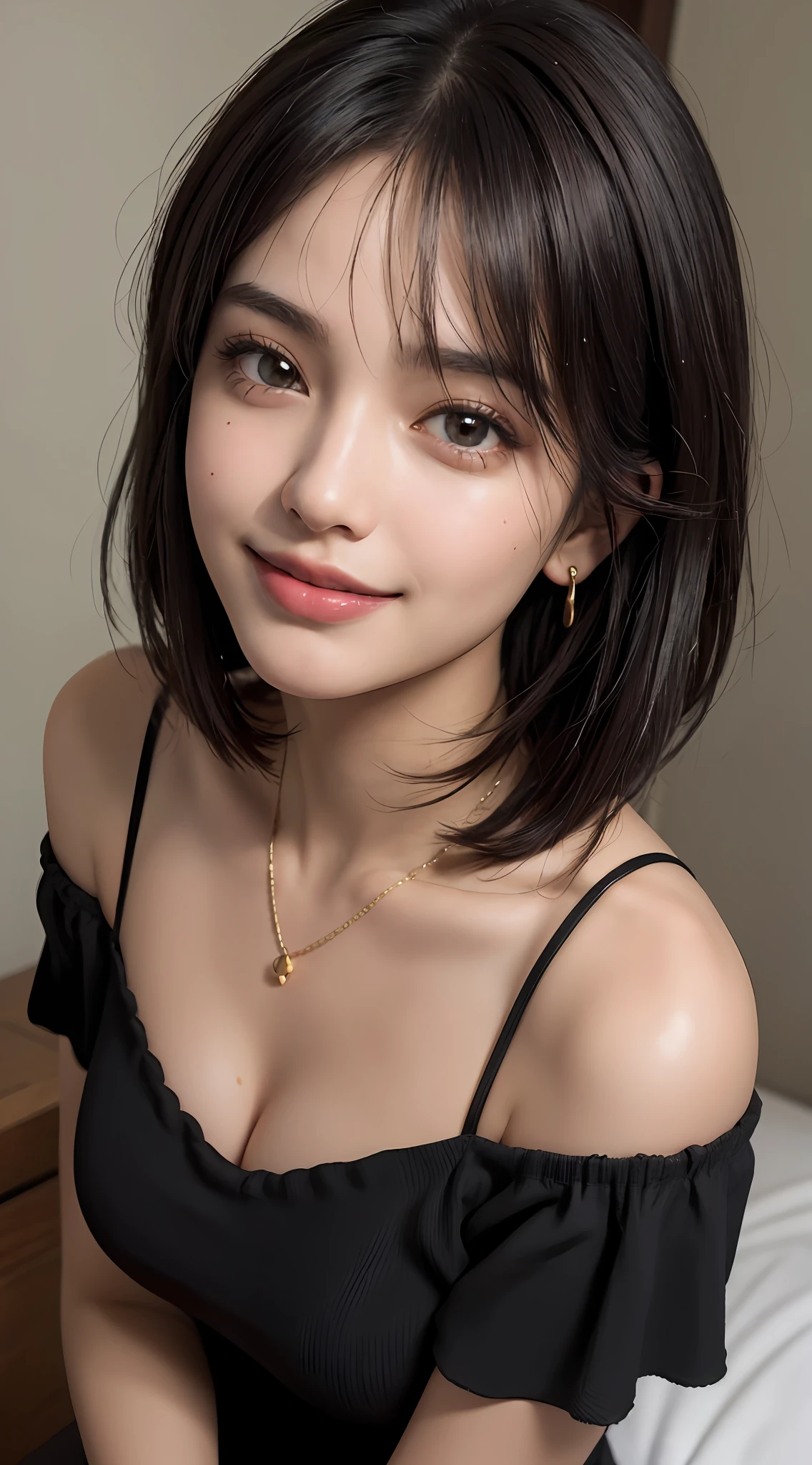(top quality, 8k, masterpiece: 1.3), pretty woman with perfect figure: 1.4, dark brown hair, big, wearing pendants, torn shorts, sleeping in bedroom, very detailed face and skin, detailed eyes, double eyelids, top quality, masterpiece, (photorealistic: 1.4), one woman, golden ratio, high angle shot, upper eye care, low angle shot, perfect face, beautiful figure, cute face, face close-up, zoom in on face, short bob, short hair, smile from different angles, smile, gloss, highlight, gloss, glossy on skin, glossy on skin, wet skin, wet, bangs, cute smile, bust, off-shoulder, refreshing charm, elegant, perfect hands, smile from angle, smile, shiny, highlight, glossy skin, bangs, bust, big, Warm off-shoulder, refreshing charm, ears out, gaze to the camera, poses at different angles