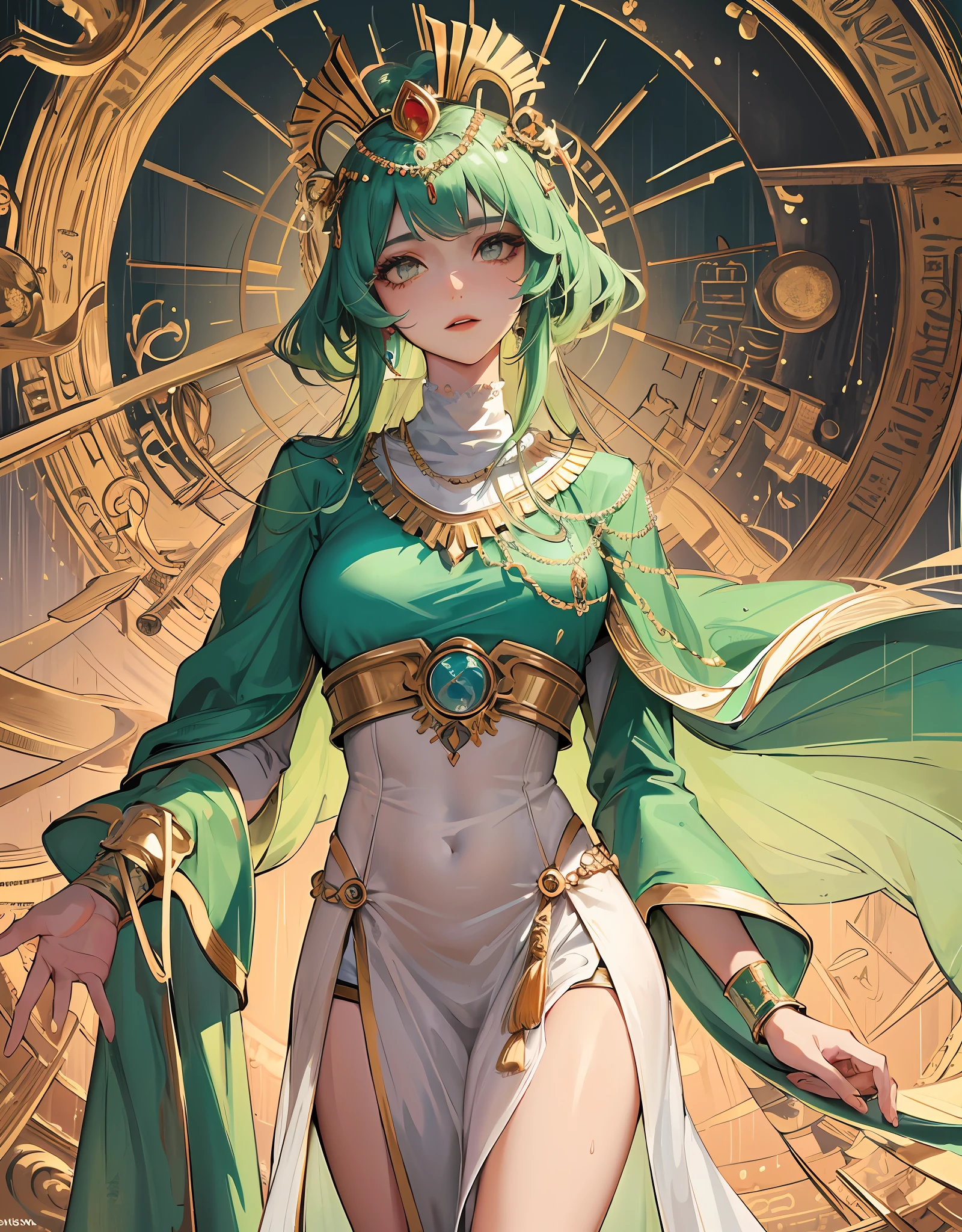 Tephnut,Ancient Egyptian god of moisture,((God of rain)),Daughter of the sun god Ra,The wife of the god of wind,The embodiment of natural disasters,The Eye of the Helios,Rule the weather,Associated with moisture,Majesty,Symbolizes recovery and luxury,Fickle personality,Neutral beauty,married woman,Plump body,It was raining in the background,Perfect breasts,Medium Breast,Lateral breast,Slim waist,Green tattoo,(Clothes soaked by the rain),Fair skin,Silk cape,(Lots of fine Egyptian ornaments),Egyptian style,Perfect flesh full of texture, Natural rendering, Captivating visual treat,((Bestquality)), (Epic lighting),((a masterpiece)),Half body,Maximum Sharpness,super verbose, illustartion,(Super detailed face),(perfect face),Clear texture,Ultra HD detail display, Excellent image performance,High-high quality illustrations,Perfect fit and harmonious tones,Deep lines,Precise brushstrokes,Wonderful color scheme,with intricate details