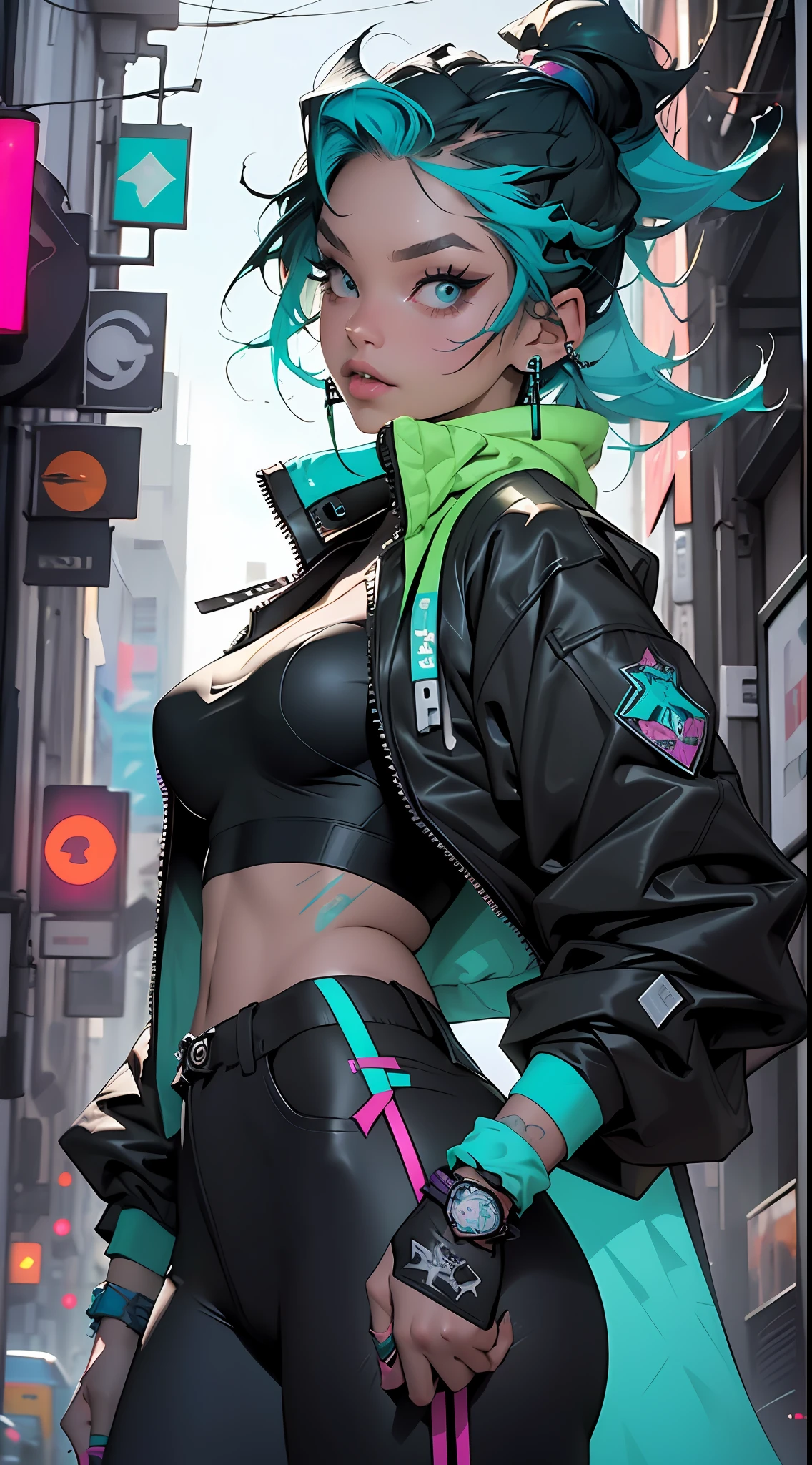 ((Best Quality)), ((Masterpiece)), ((Realistic)) and ultra-detailed photography of a 1nerdy girl with goth and neon colors. She has ((turquoise hair)), wears a techwear jacket and exudes a vibe ((beautiful and aesthetic)), sexy, underboobs, hot
