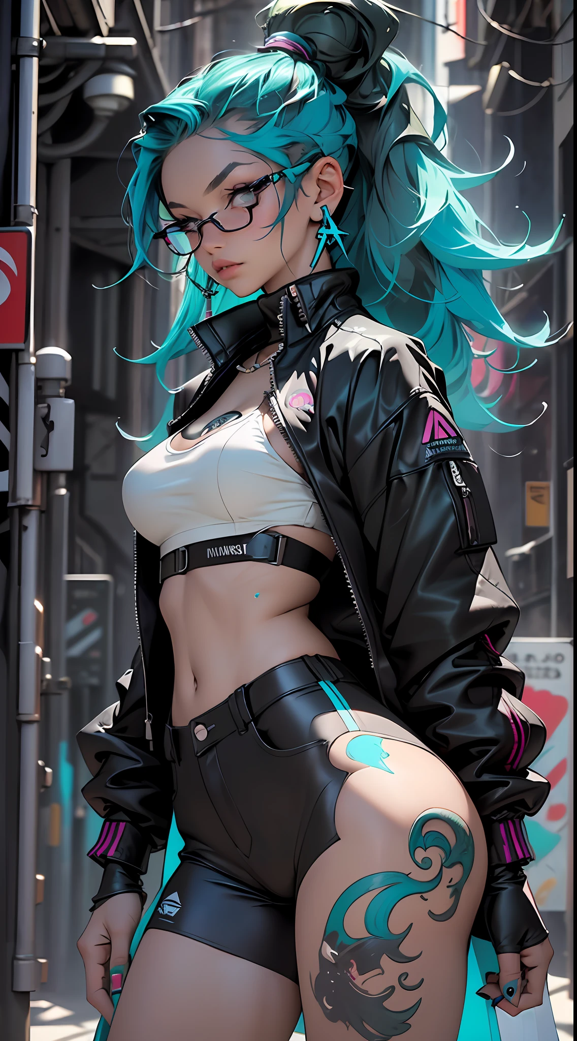 ((Best Quality)), ((Masterpiece)), ((Realistic)) and ultra-detailed photography of a 1nerdy girl with goth and neon colors. She has ((turquoise hair)), wears a techwear jacket and exudes a vibe ((beautiful and aesthetic)), sexy, underboobs, hot