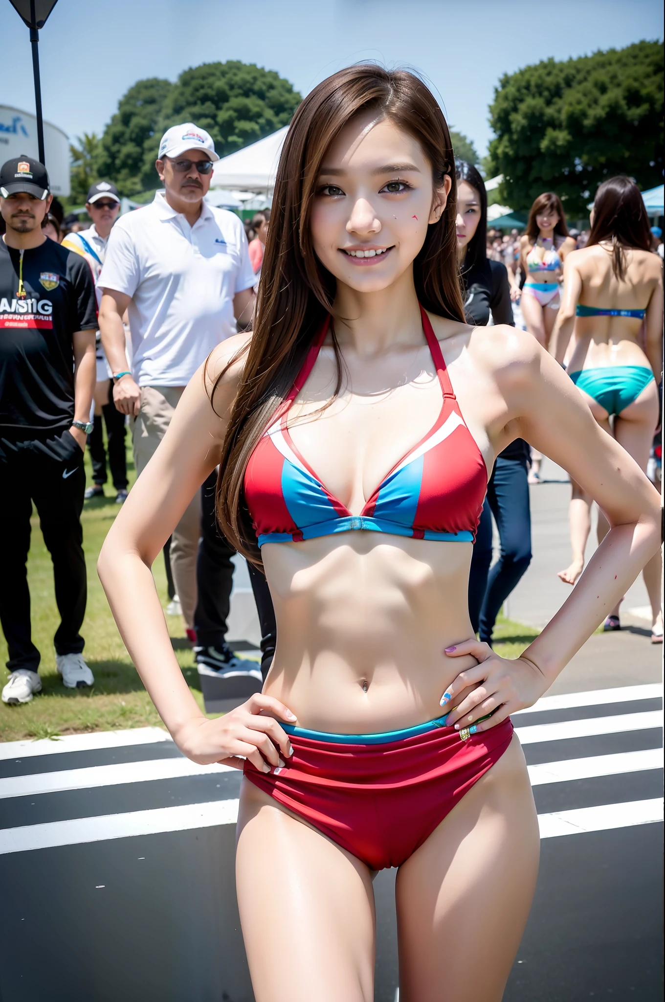 bestquality、A masterpie、Ultra High Res、18 yr old、a 1girl、standding、Adorable、race queen、(High-leg bikini)、Racing track、Pitted、Body Paint