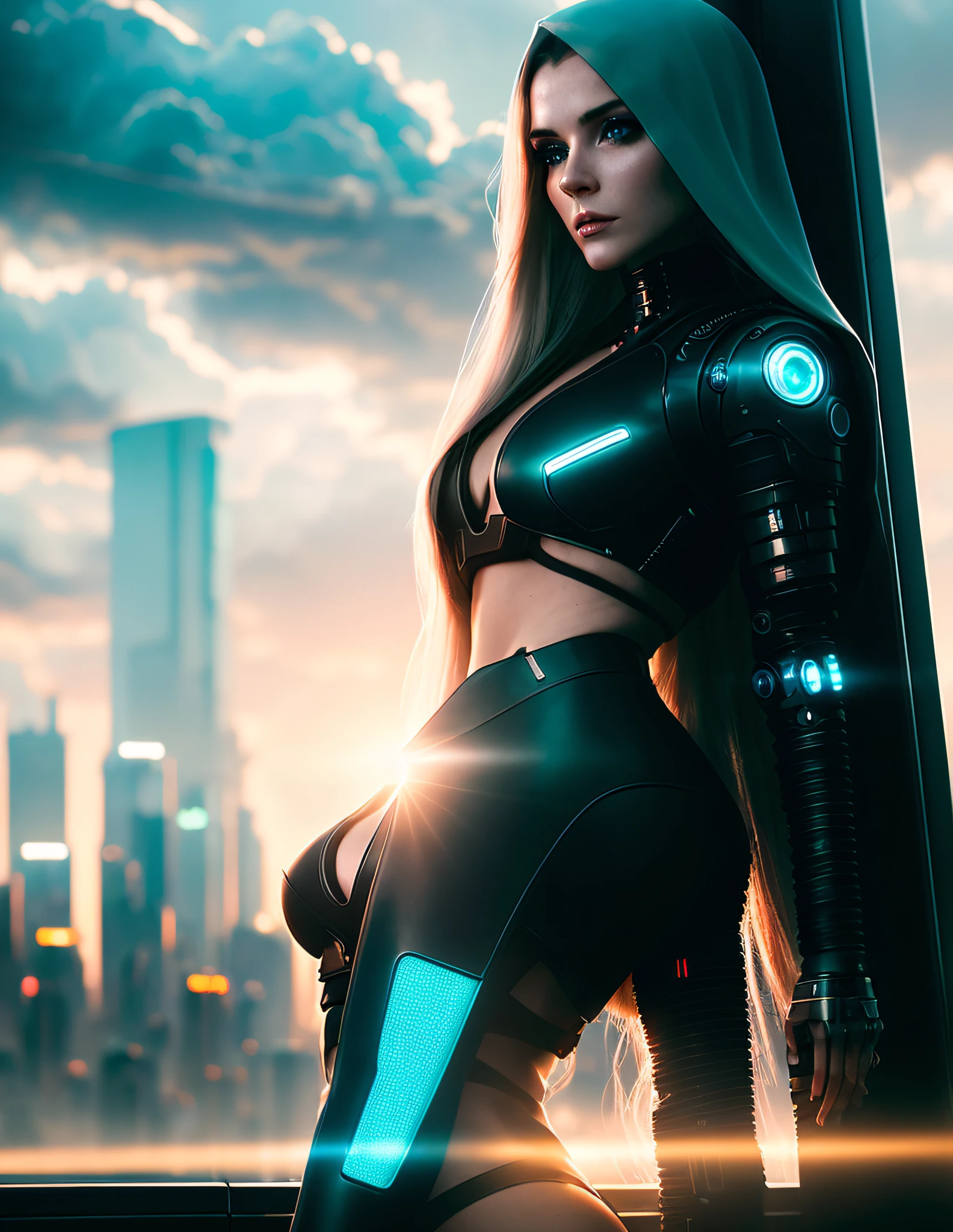 nvinkpunk, futuristic city street, [sci-fi], High Detail, photograph, portrait, wide angle, beautiful stunning gorgeous sexy young female teen artificial intelligence android, (long long white hair:1.1), (Lady Death:1.1), pale white skin, (wind blown hair:1.1), The Fifth Element, Ghost in the Shell, wearing (sheer thin see-through skintight:1.2) (prostitute nun:1.2), small breasts, outdoors, nude, standing, sprawling (cyberpunk city skyline:1.1), petite physique, tattooed, detailed skin texture and pores, (freckles:0.8), embers light particles floating in the air, TRON, Bladerunner, (cleavage:1.1), (storm clouds:1.2), (goth makeup:0.8), glossy eyes, sunset, light leak, seductive, (glowing cybernetic implants:1.1), (cybernetic augmentations), (highly detailed, fine details, intricate), (lens flare:0.5), (bloom:0.5), backlit, smog, dust, (badlands:0.8), (observatory:0.7), raytracing, specular lighting, shallow depth of field, f/2, hard focus, smooth, cinematic film still, Cyberpunk, Bladerunner, moody lighting, cinematic, 8K,  bokeh