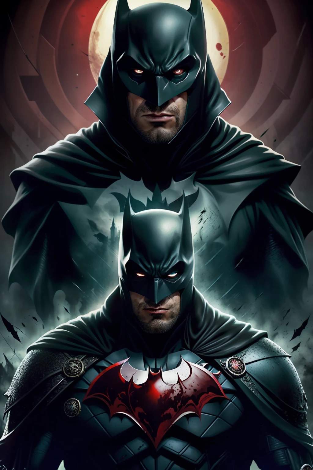 obra-prima, realista, altamente detalhado, estilo modelshoot ((post-apocalipse)) Ben Affleck's Batman faces the terrible Dracula who is sucking the citizens of Gotham to form new vampires for a battle against the human race, a lot of blood on the floor, corpo inteiro magro intrincado, escuro, chovendo, intrincado arruinado rua da cidade