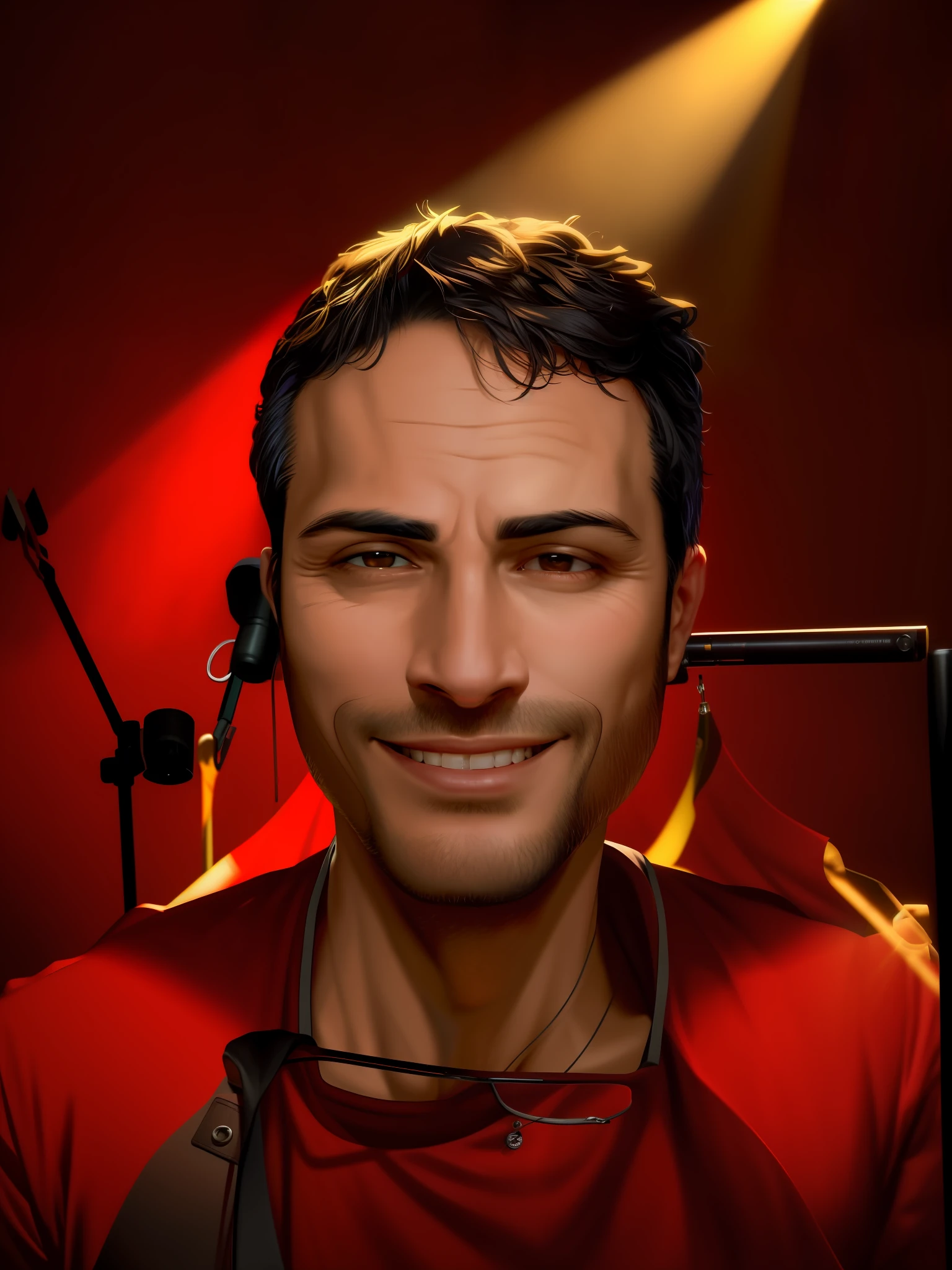 (dramatic lighting, dynamic angle, intense color contrast), [(man with black hair, brown skin and brown eyes: 1.2), (playing drums: 1.2), (wearing black shirt and jeans: 1.1), (holding drumsticks: 1.2), (old-fashioned pub/bar/dark bar: 1.1)], (bright spotlight, heavy rock),(red drums/with drumsticks)