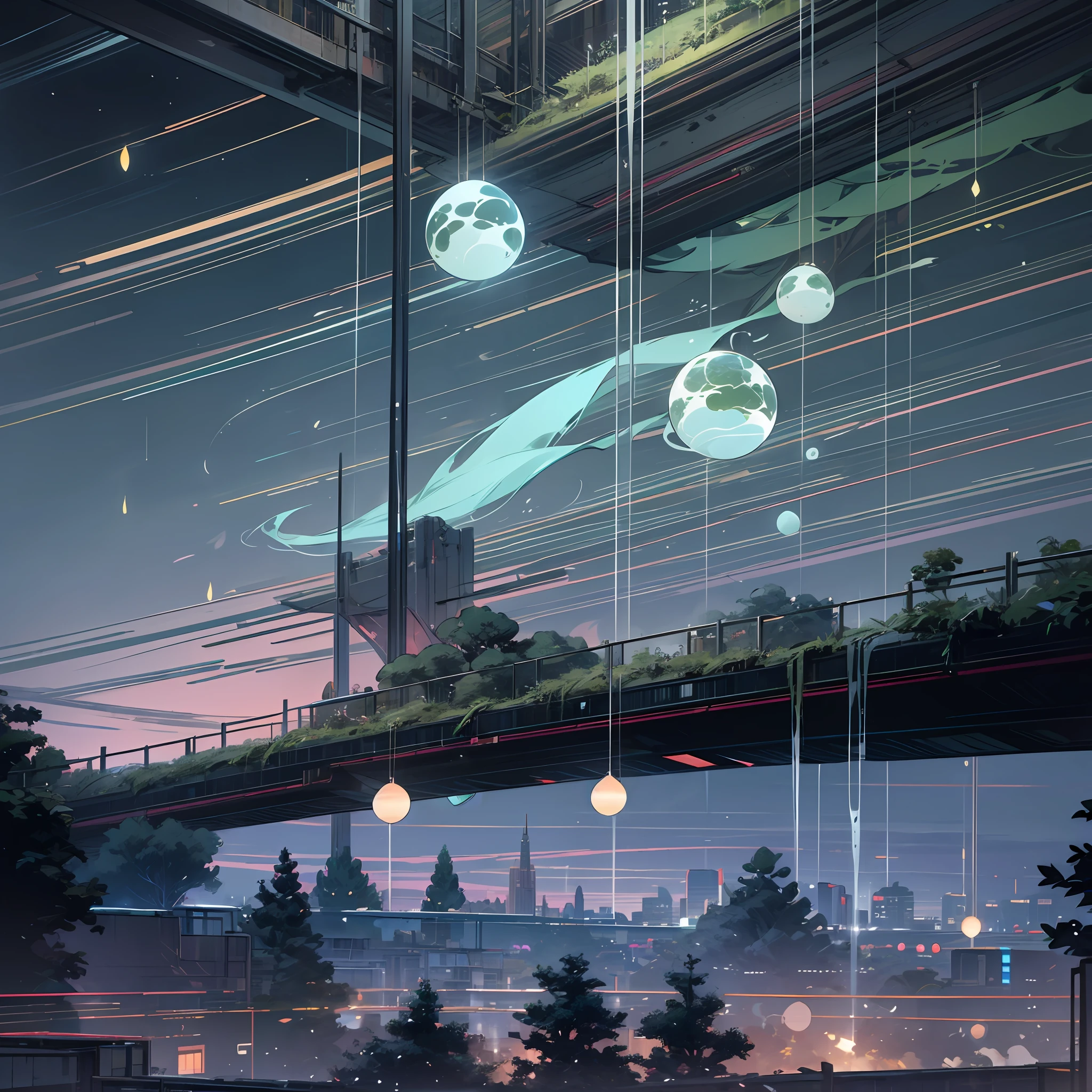 Create a captivating and relaxing futuristic scene in a 1,152 x 2,048 pixel image. In the center, a vibrant cityscape thrives with sleek skyscrapers that reach towards the sky. Neon lights illuminate the streets, casting a mesmerizing glow across the scene. Futuristic vehicles glide effortlessly through the air, adding a sense of energy and movement. Surrounding the city, a serene natural landscape unfolds. Lush green fields stretch into the distance, adorned with towering trees that emit a soft bioluminescent glow. The trees possess an otherworldly beauty, their luminescent leaves and branches pulsating with an ethereal energy. The combination of the cityscape and the tranquil natural surroundings creates a harmonious balance. Humans and machines coexist in this futuristic world, seamlessly integrating technology into their daily lives. People can be seen engaging in leisurely activities, such as taking leisurely strolls through peaceful parks or reclining in futuristic seating designed for comfort and relaxation. Their attire reflects a fusion of sleek fashion and cutting-edge technology, showcasing a harmonious blend of style and functionality. Throughout the scene, gentle orbs of light float gracefully in the air, reminiscent of fireflies. These ethereal orbs emit soft, calming hues, creating a sense of tranquility and serenity. They move in a harmonious dance, further enhancing the overall atmosphere of relaxation and wonder. The air is filled with ethereal music that seems to emanate from unseen sources. Melodic tones and soothing melodies weave through the scene, enveloping everything in a calming symphony. The music enhances the sense of tranquility, inviting viewers to immerse themselves in the moment and find inner peace. --auto --s2