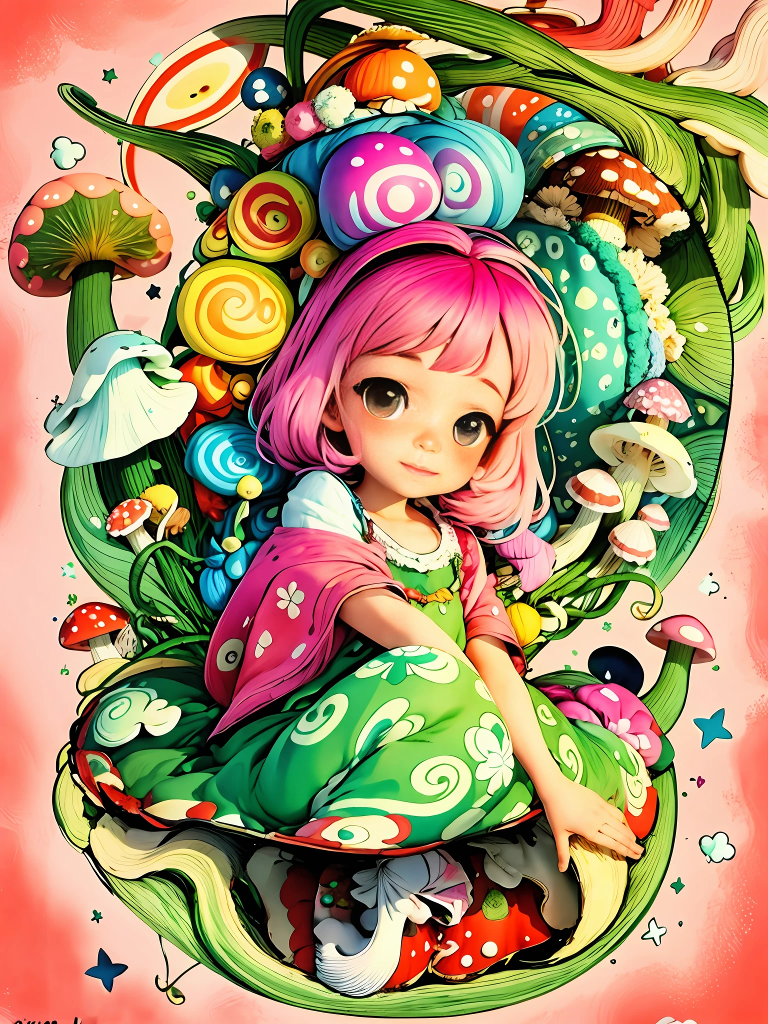 A cute girl in a whimsical mushroom florest, beautiful vibrant colors
