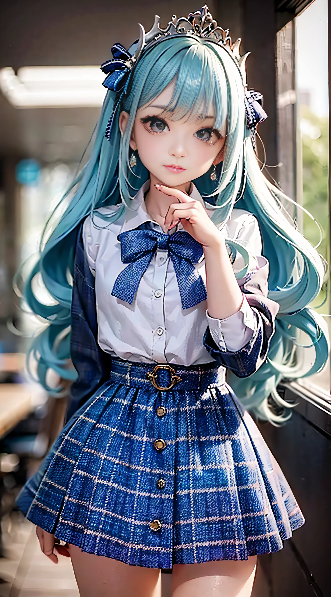 1girl, (masterpiece:1.1), (best quality:1.1), (white blouse:1.1), (plaid skirt:1.1), school uniform, high waist skirt, BREAK [blue:pink:0.5] theme, (Urban Background: 1.1), denim lens, break silver, long hair, green eyes, delicate tiara, sideways,