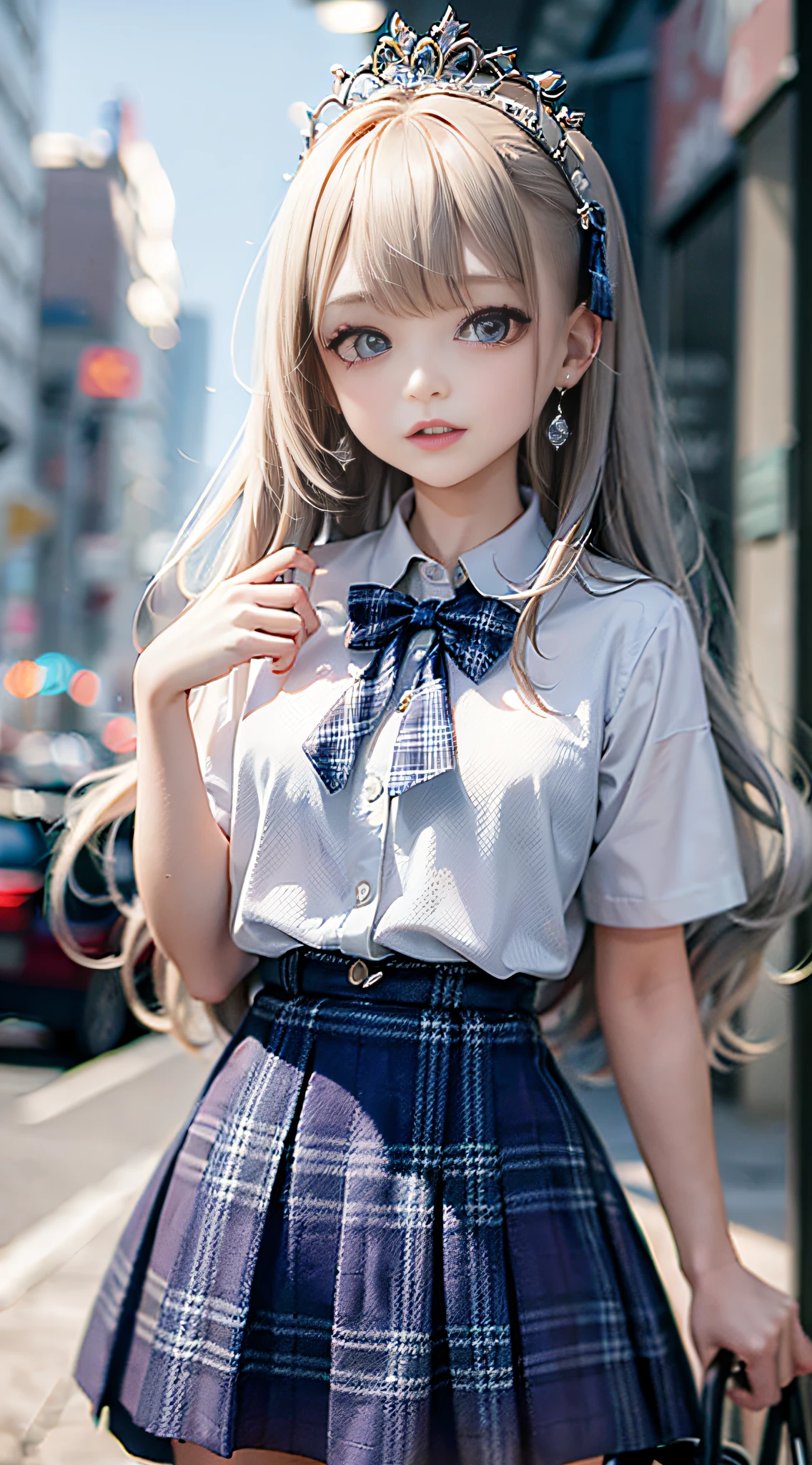 1girl, (masterpiece:1.1), (best quality:1.1), (white blouse:1.1), (plaid skirt:1.1), school uniform, high waist skirt, BREAK [blue:pink:0.5] theme, (Urban Background: 1.1), denim lens, break silver, long hair, green eyes, delicate tiara, sideways,