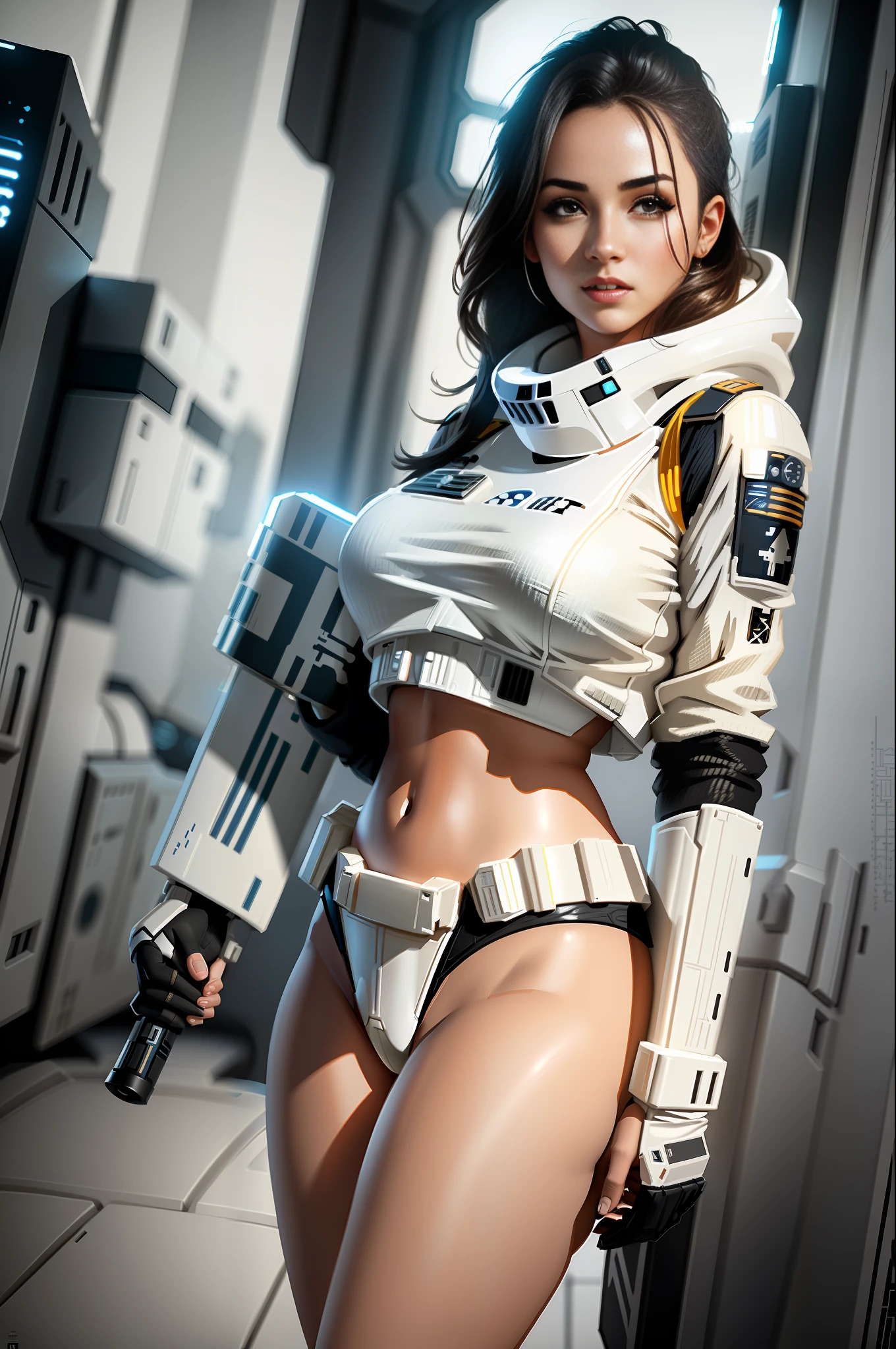 Sexy female stormtrooper caught in the middle of taking her clothes off, wearing barely anything, Star Wars ship setting, highly detailed, 8k