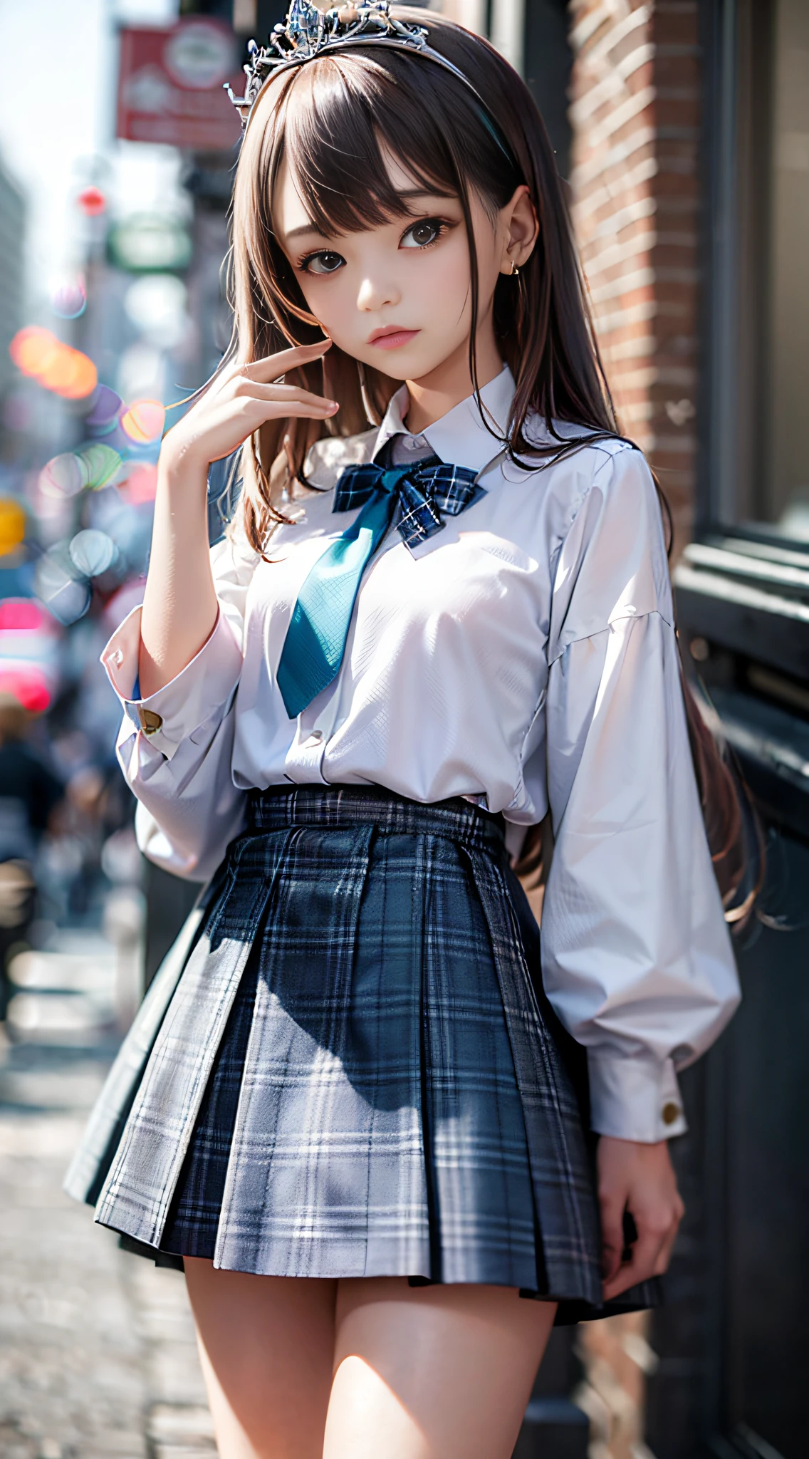 1girl, (masterpiece:1.1), (best quality:1.1), (white blouse:1.1), (plaid skirt:1.1), school uniform, high waist skirt, BREAK [blue:pink:0.5] theme, (Urban Background: 1.1), denim lens, break silver, long hair, green eyes, delicate tiara, sideways,