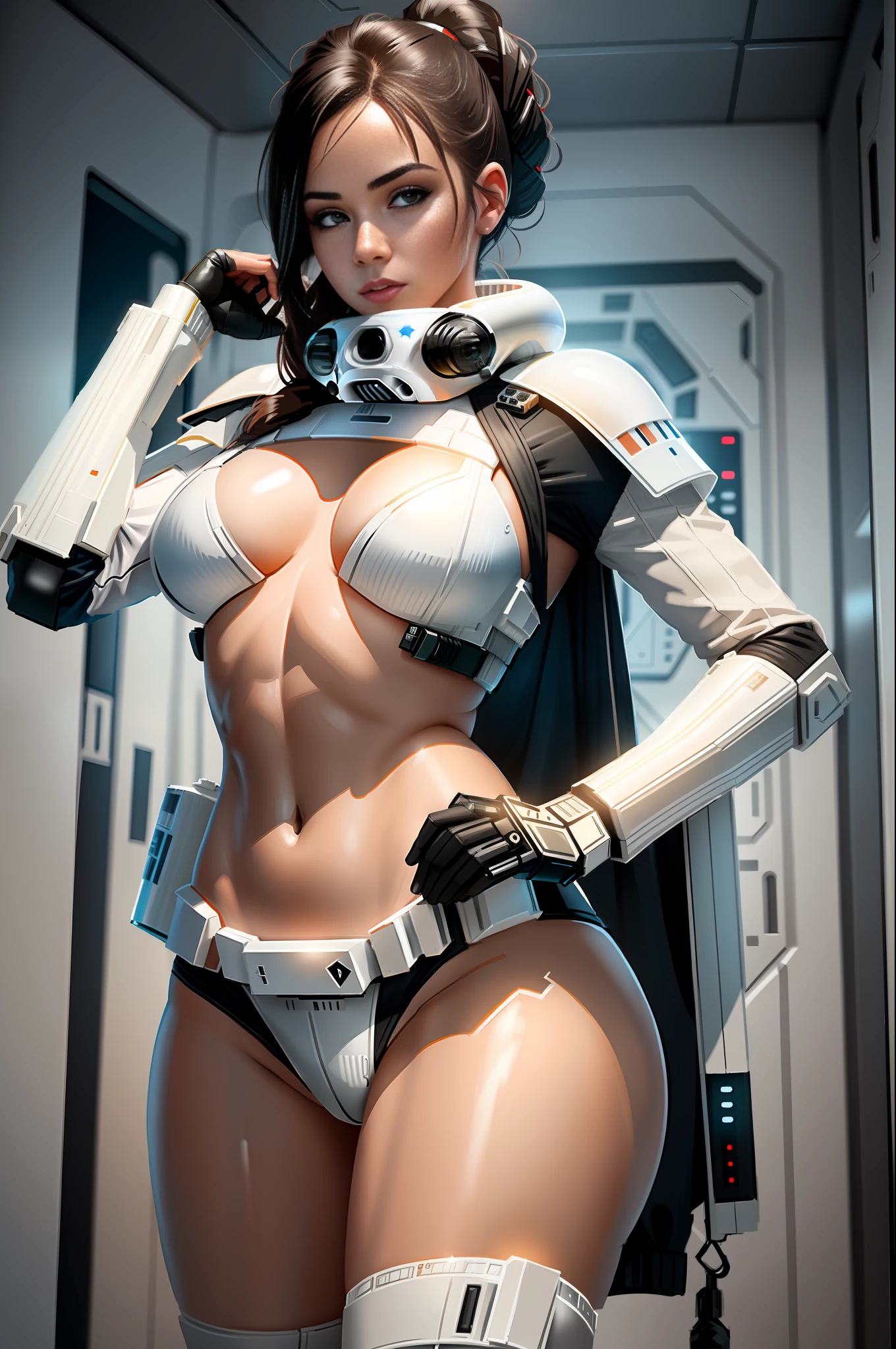 Sexy female stormtrooper caught in the middle of taking her clothes off, wearing barely anything, Star Wars ship setting, highly detailed, 8k