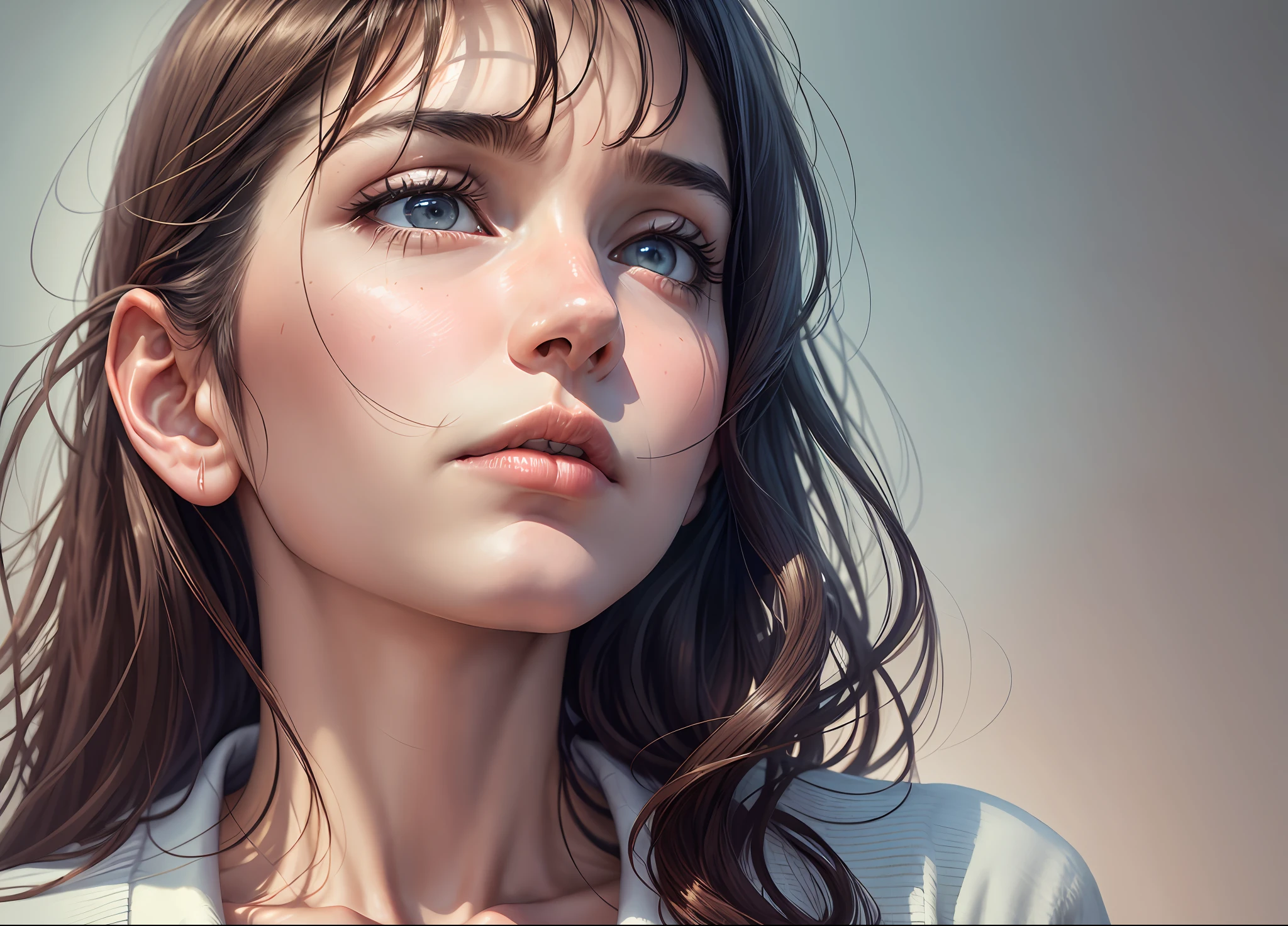 A realistic image of a woman with her hand on her chin, expressing doubt; she is facing forward and looking upward. --auto --s2