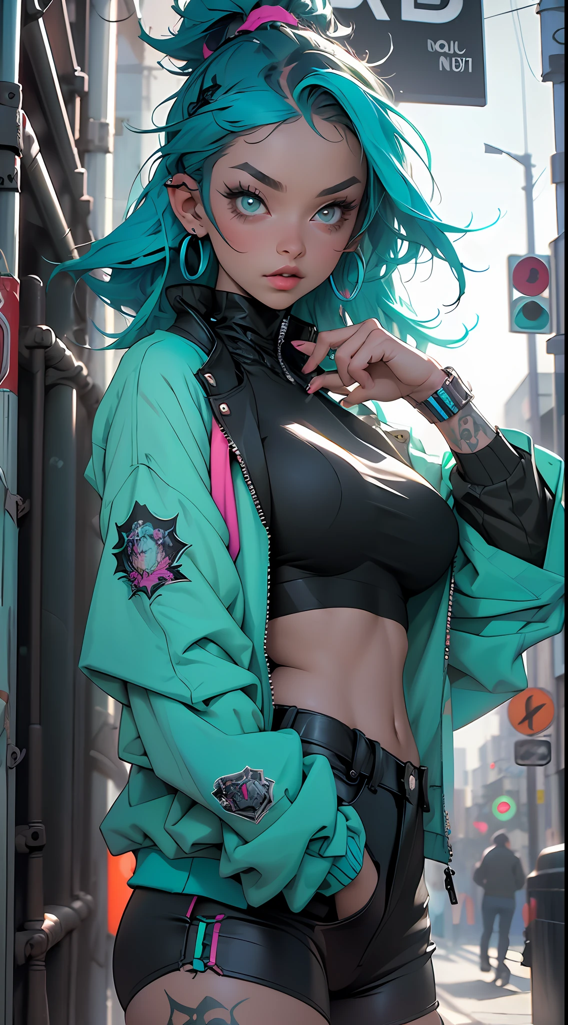 ((Best Quality)), ((Masterpiece)), ((Realistic)) and ultra-detailed photography of a 1nerdy girl with goth and neon colors. She has ((turquoise hair)), wears a techwear jacket and exudes a vibe ((beautiful and aesthetic)), sexy, underboobs, hot