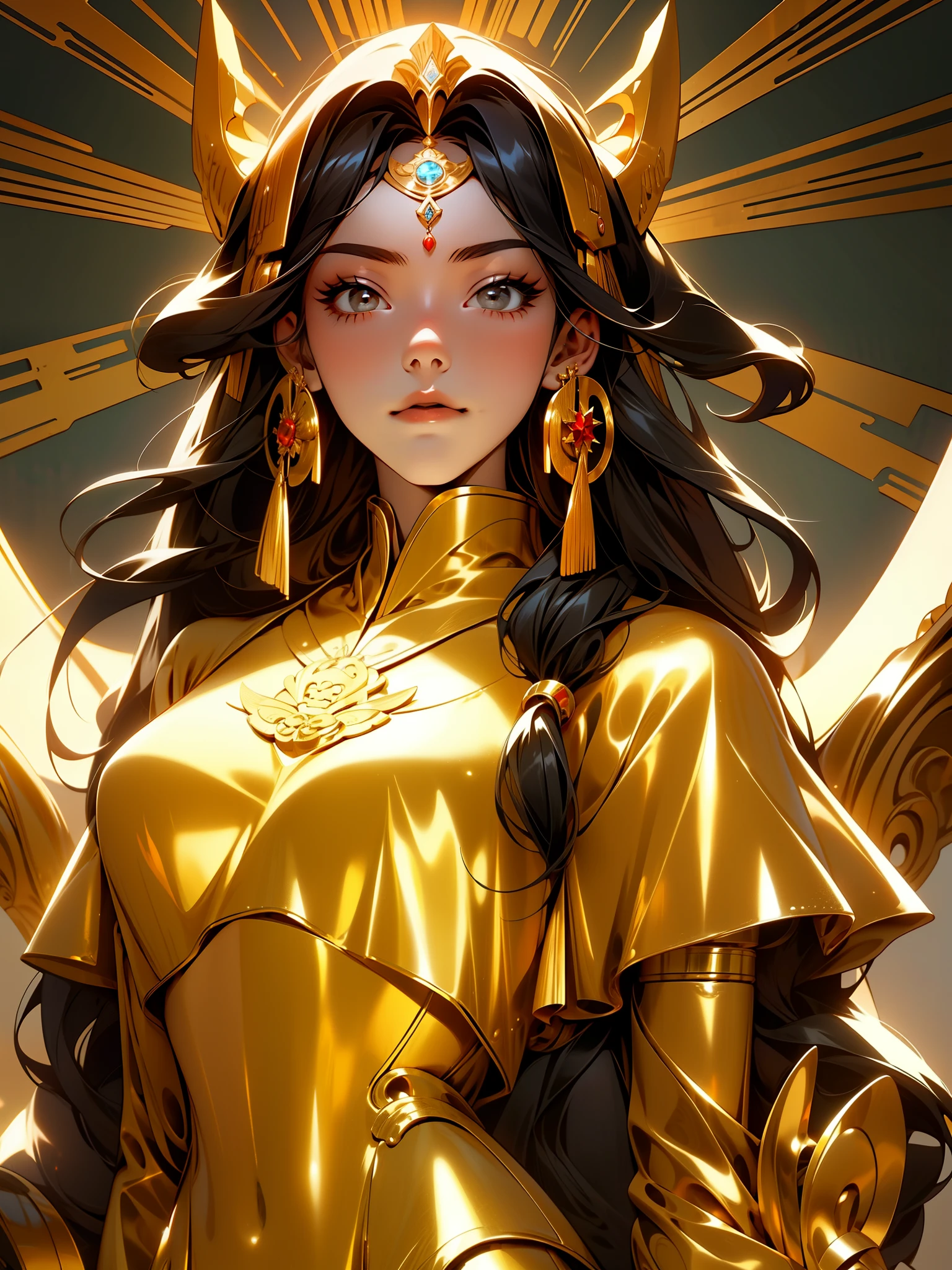 masterpiece, black hair, 1 girl, View Viewer, long hair, golden hair, solo, black mecha, ancient art, Chines,