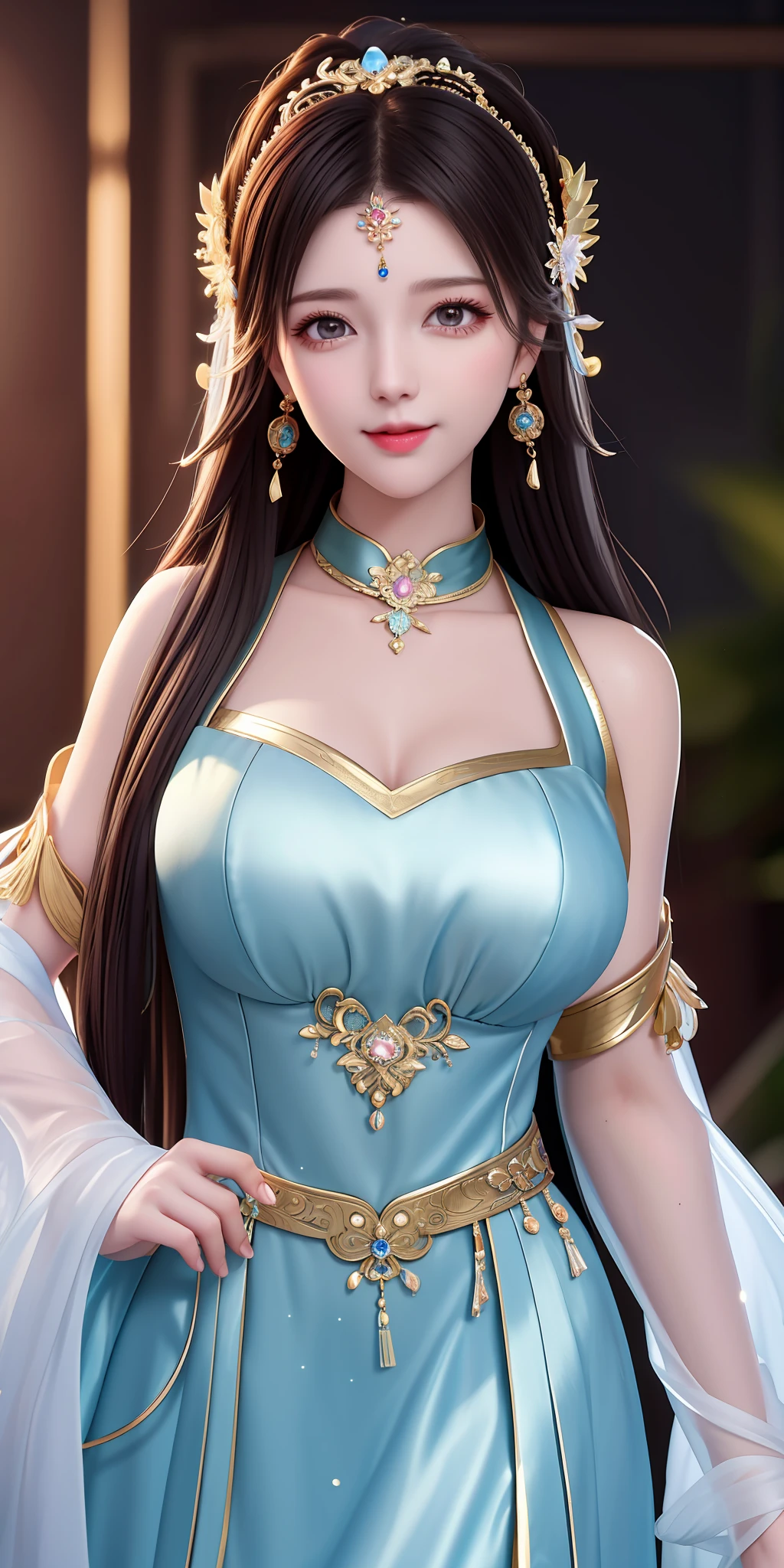 of the best quality,a masterpiece,high resolusion,1girl,Transparent silk porcelain dress,Big Boobs,Beautiful Face,hair ornament,looks at the viewer,smiled,close mouth,Lips,One Piece Dresses,hair ornament,Choker,JEWELRY,long long hair,earings,Beautiful Face,on body,Tindal Effect,photorealistic,Dark Studio,edge lighting,two-tone lighting,(highdetailedskin:1.2),8k uhd,dslr,softlighting,high quality,Volumetric Lighting,Candid camera,photograph of,high resolusion,4k,8k,Background bokeh