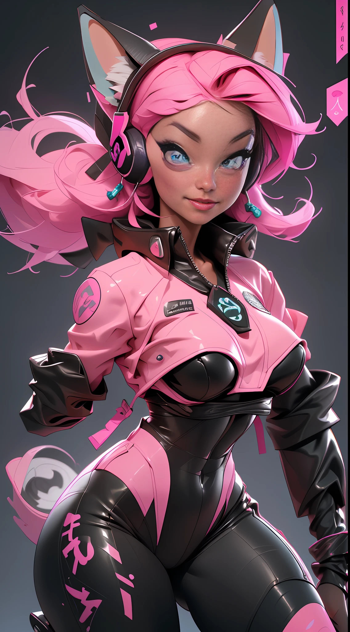 (Best quality), (masterpiece), (realistic) and ultra-Detailed photo of cute girl in futuristic neon headphones with plastic fox ears, She has a (pink hair), wears leather (unbuttoned) pink-Black racing jacket on a naked body, under which we can see ((huge half-open hanging tits)), (erect nippleslips), open tummy, leather tight shorts, and exudes a (beautiful and aesthetic) vibe, sexy body , detailed pupils, detailed iris of eyes, An embarrassed and lustful smile opening her mouth,dynamic pose,