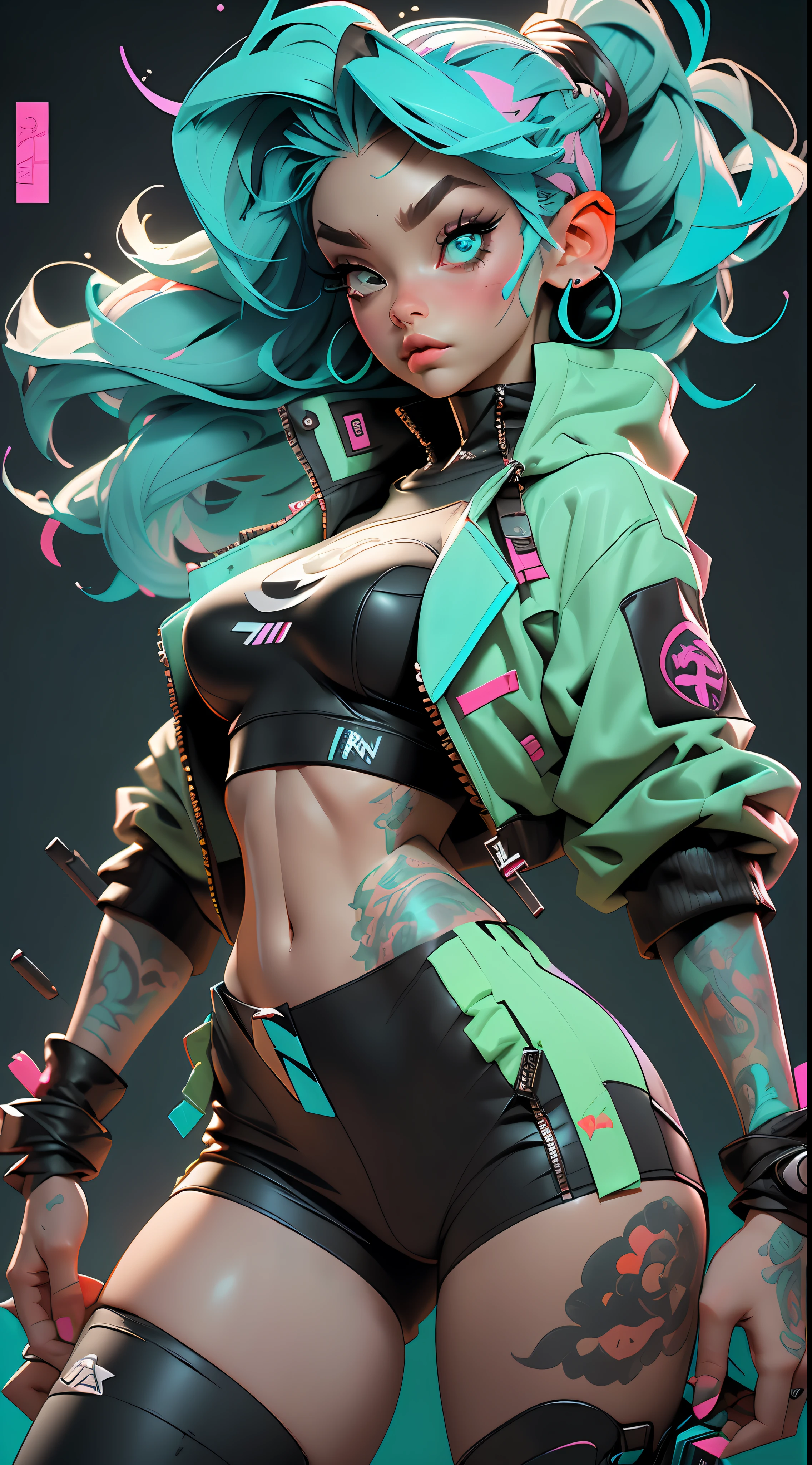 ((Best Quality)), ((Masterpiece)), ((Realistic)) and ultra-detailed photography of a 1nerdy girl with goth and neon colors. She has ((turquoise hair)), wears a techwear jacket and exudes a vibe ((beautiful and aesthetic)), sexy, underboobs, hot