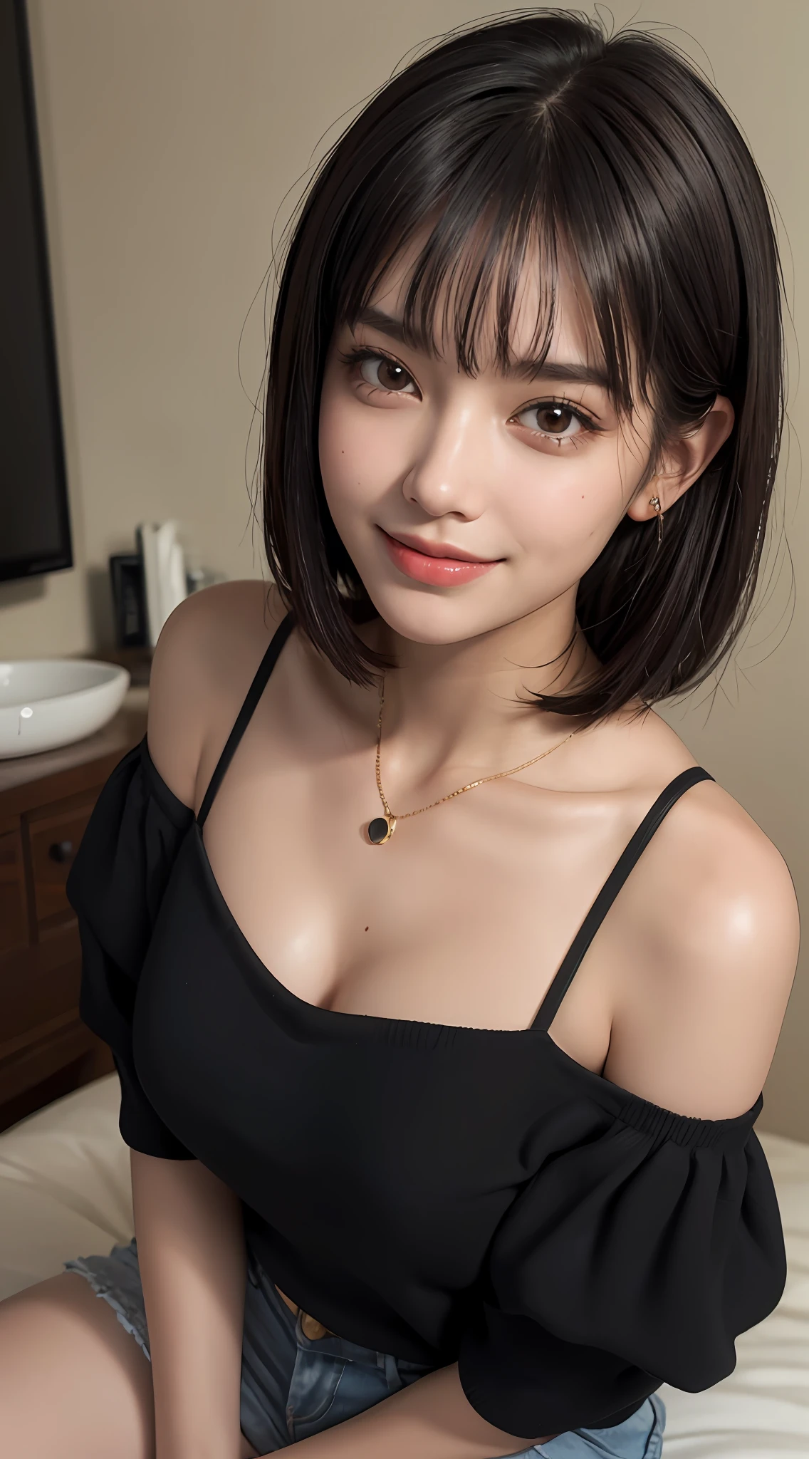 (top quality, 8k, masterpiece: 1.3), pretty woman with perfect figure: 1.4, dark brown hair, big, wearing pendants, torn shorts, sleeping in bedroom, very detailed face and skin, detailed eyes, double eyelids, top quality, masterpiece, (photorealistic: 1.4), one woman, golden ratio, high angle shot, upper eye care, low angle shot, perfect face, beautiful figure, cute face, face close-up, zoom in on face, short bob, short hair, smile from different angles, smile, gloss, highlight, gloss, glossy on skin, glossy on skin, wet skin, wet, bangs, cute smile, bust, off-shoulder, refreshing charm, elegant, perfect hands, smile from angle, smile, shiny, highlight, glossy skin, bangs, bust, big, Warm off-shoulder, refreshing charm, ears out, gaze to the camera, poses at different angles