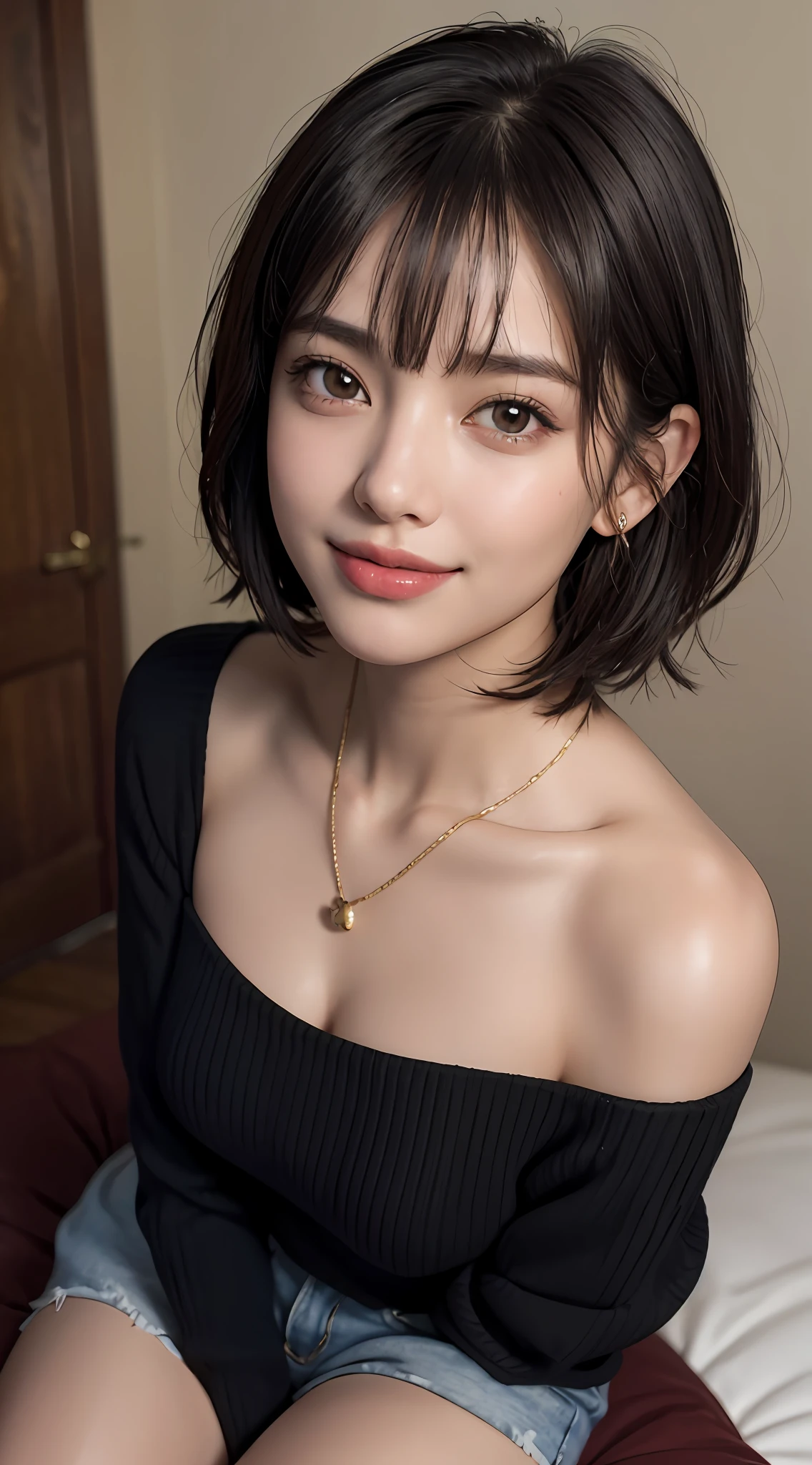 (top quality, 8k, masterpiece: 1.3), pretty woman with perfect figure: 1.4, dark brown hair, big, wearing pendants, torn shorts, sleeping in bedroom, very detailed face and skin, detailed eyes, double eyelids, top quality, masterpiece, (photorealistic: 1.4), one woman, golden ratio, high angle shot, upper eye care, low angle shot, perfect face, beautiful figure, cute face, face close-up, zoom in on face, short bob, short hair, smile from different angles, smile, gloss, highlight, gloss, glossy on skin, glossy on skin, wet skin, wet, bangs, cute smile, bust, off-shoulder, refreshing charm, elegant, perfect hands, smile from angle, smile, shiny, highlight, glossy skin, bangs, bust, big, Warm off-shoulder, refreshing charm, ears out, gaze to the camera, poses at different angles