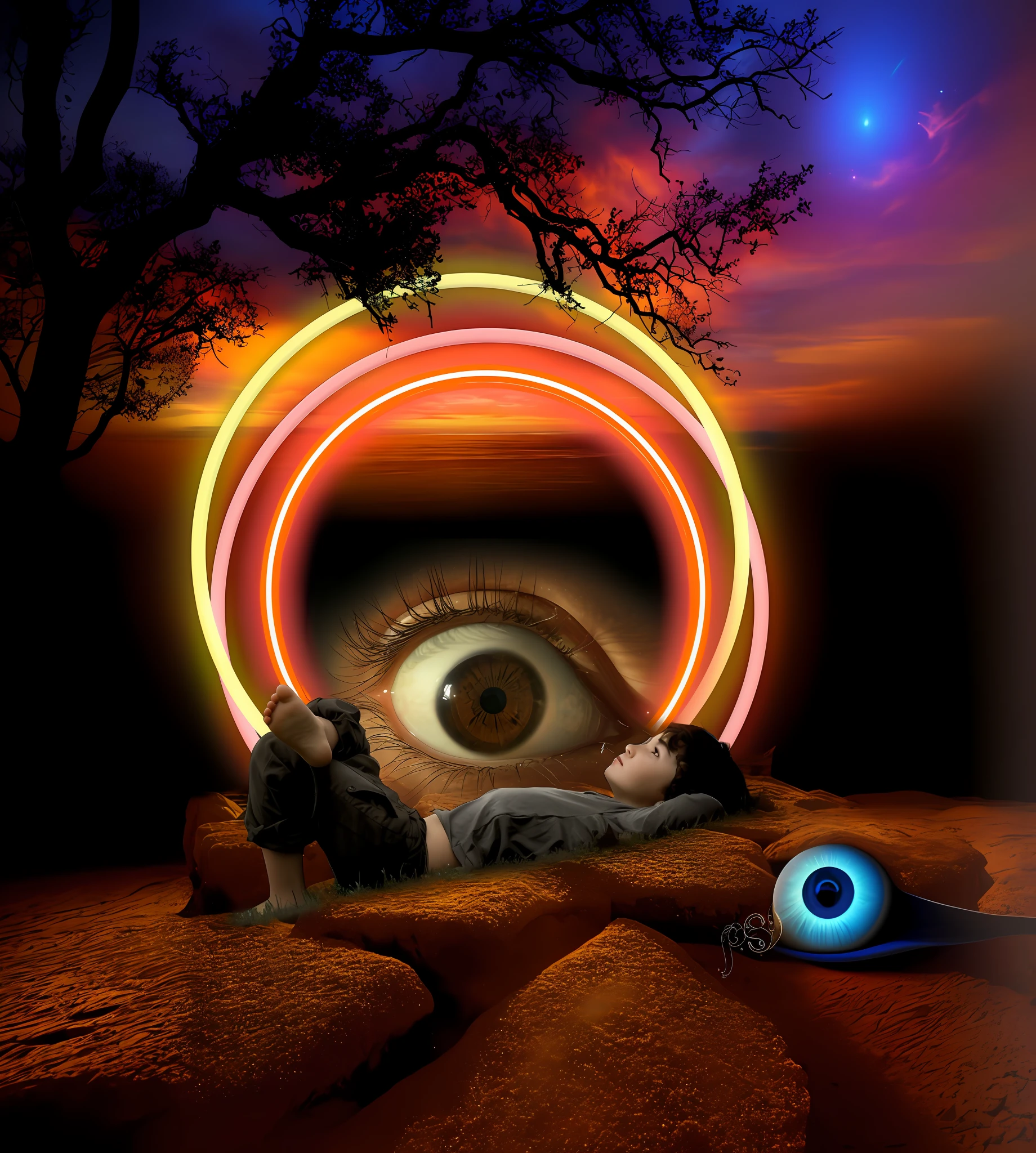 There is a boy lying on the ground with a glowing eye, giant eye magic spell, olho brilhante, portrait of a mystical giant eye, olhos brilhantes penetrantes, digital visionary art, mystic eye, Concentre-se nos olhos sonhadores, arte digital surreal, olho brilhante, wake initiated lucid dream, Arte digital surrealista, Neosurrealismo. arte digital, cena surreal 8k ultra realista