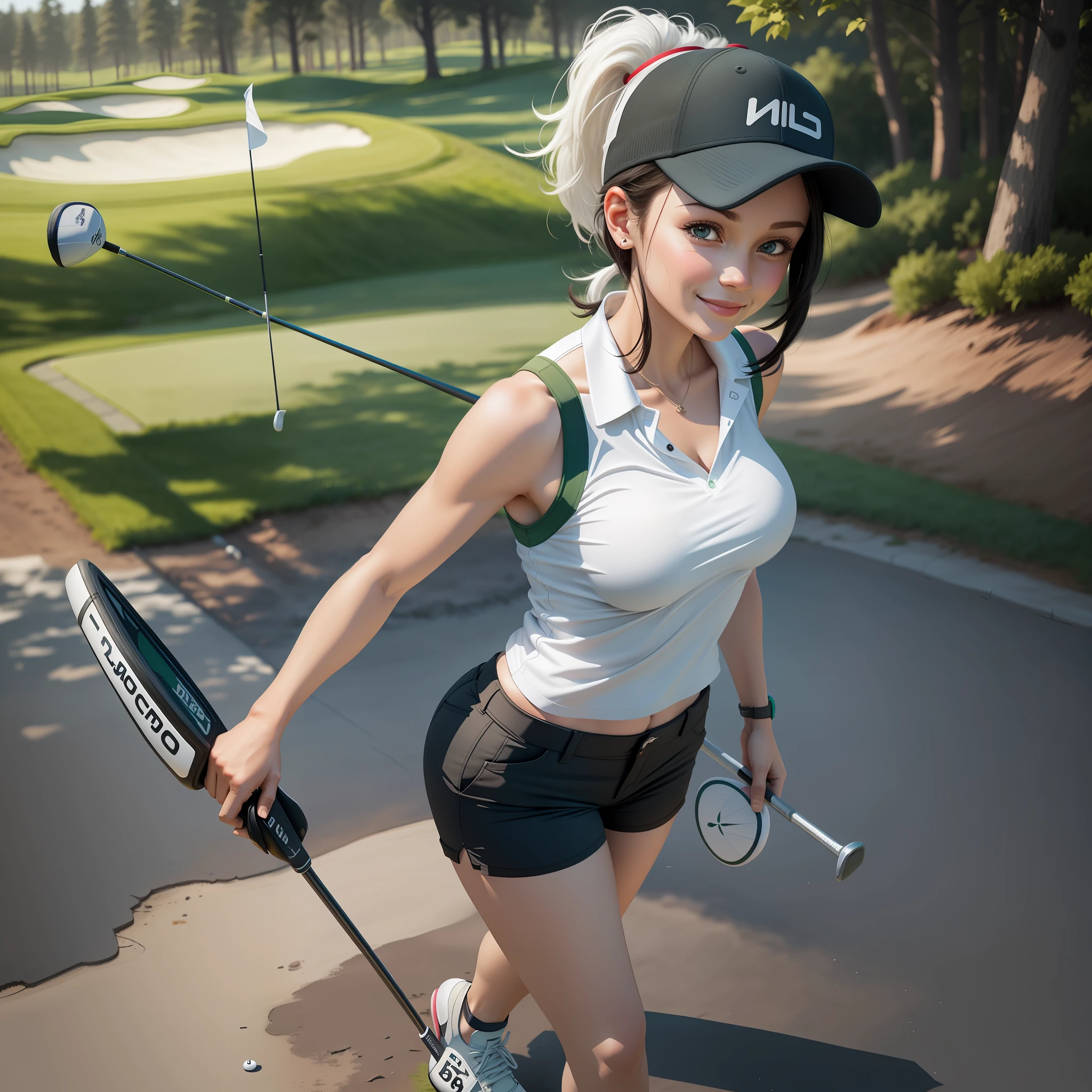 1woman, 30 years old, walking to the hole, near the flag in the green, full body,  playing golf, golf course, nice, short dark hair, white cap, ponytail, smiling, looking at viewer, cute face, holding a golf club, white open shirt, sleeveless, perfect butt, narrow waist, very short pants, big breasts,  from above, centered