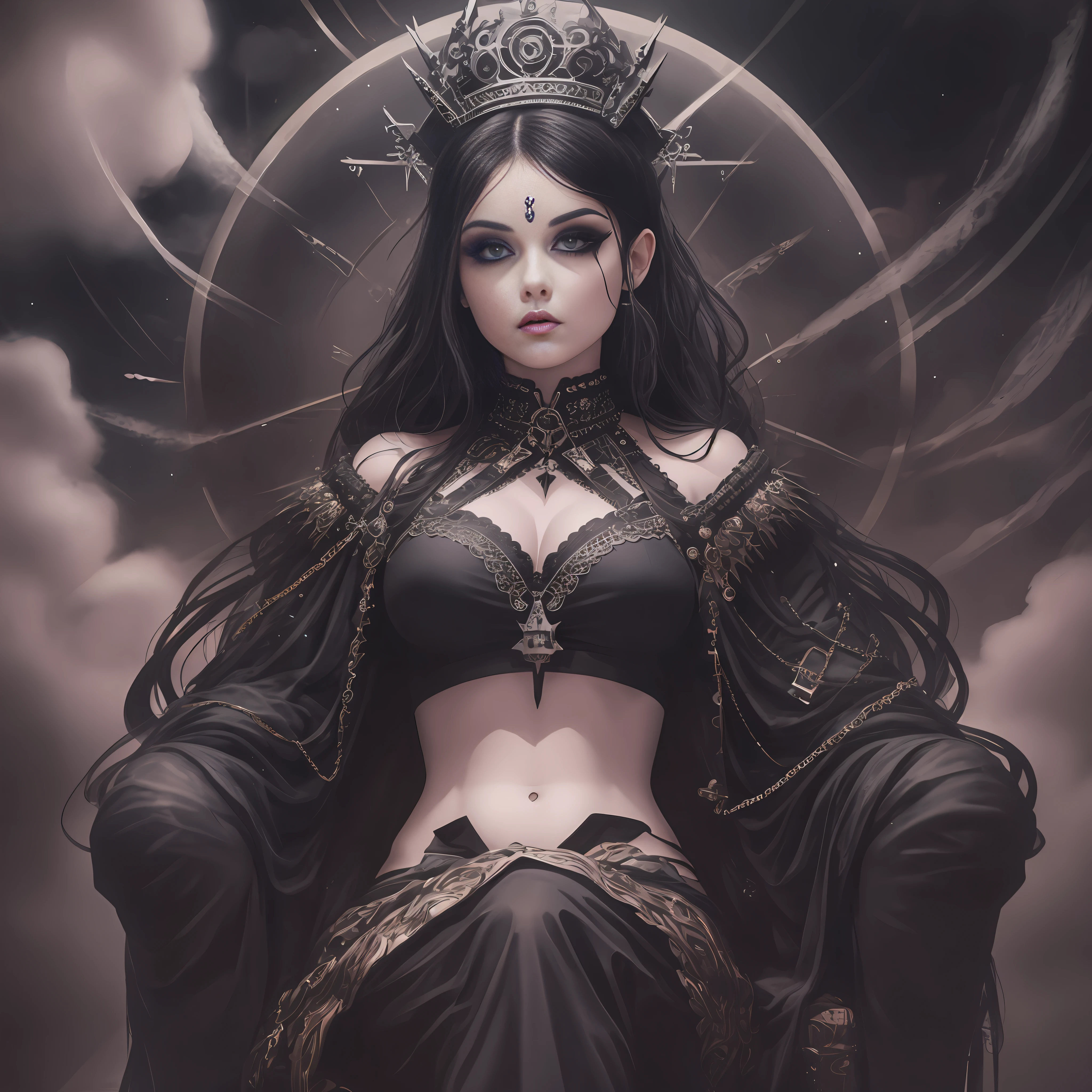 god is a goth woman above the clouds, sitting on a throne, heavy makeup, on a cloud, detailed face, black crop top