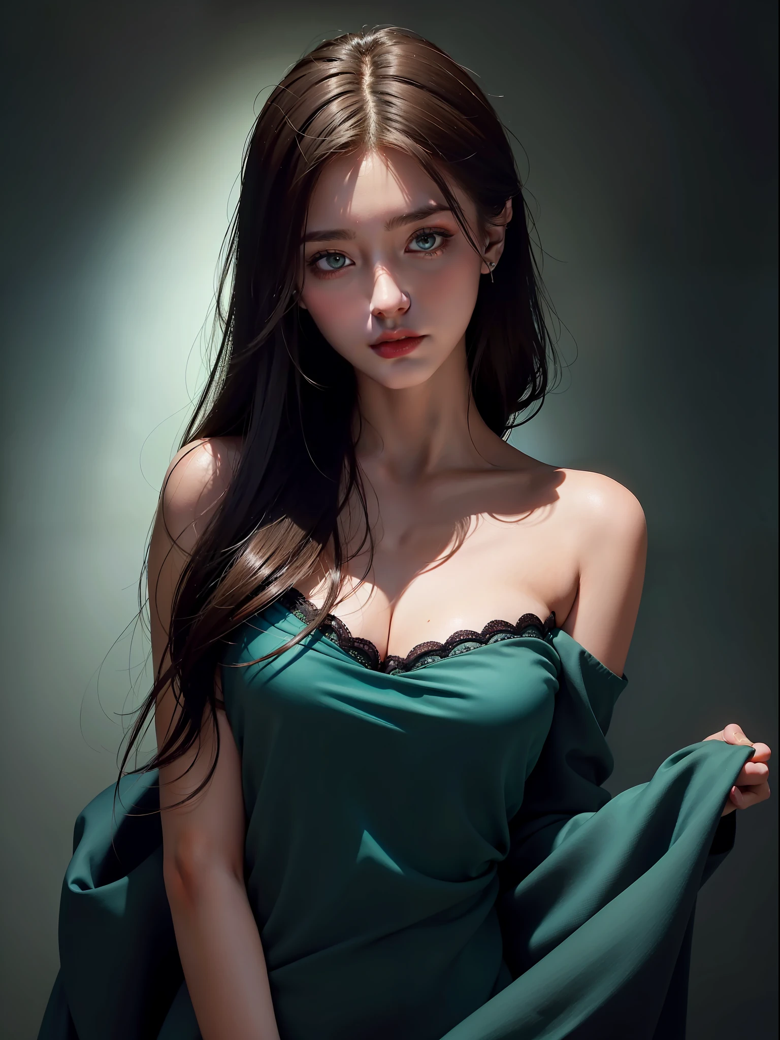 Best Quality, Masterpiece, Ultra High Resolution, (Realism: 1.4), Original Photo, 1Girl, Emerald Gemstone Eyes, Bare Shoulder, In the Dark, Deep Shadow, Low Key, Cold Light
