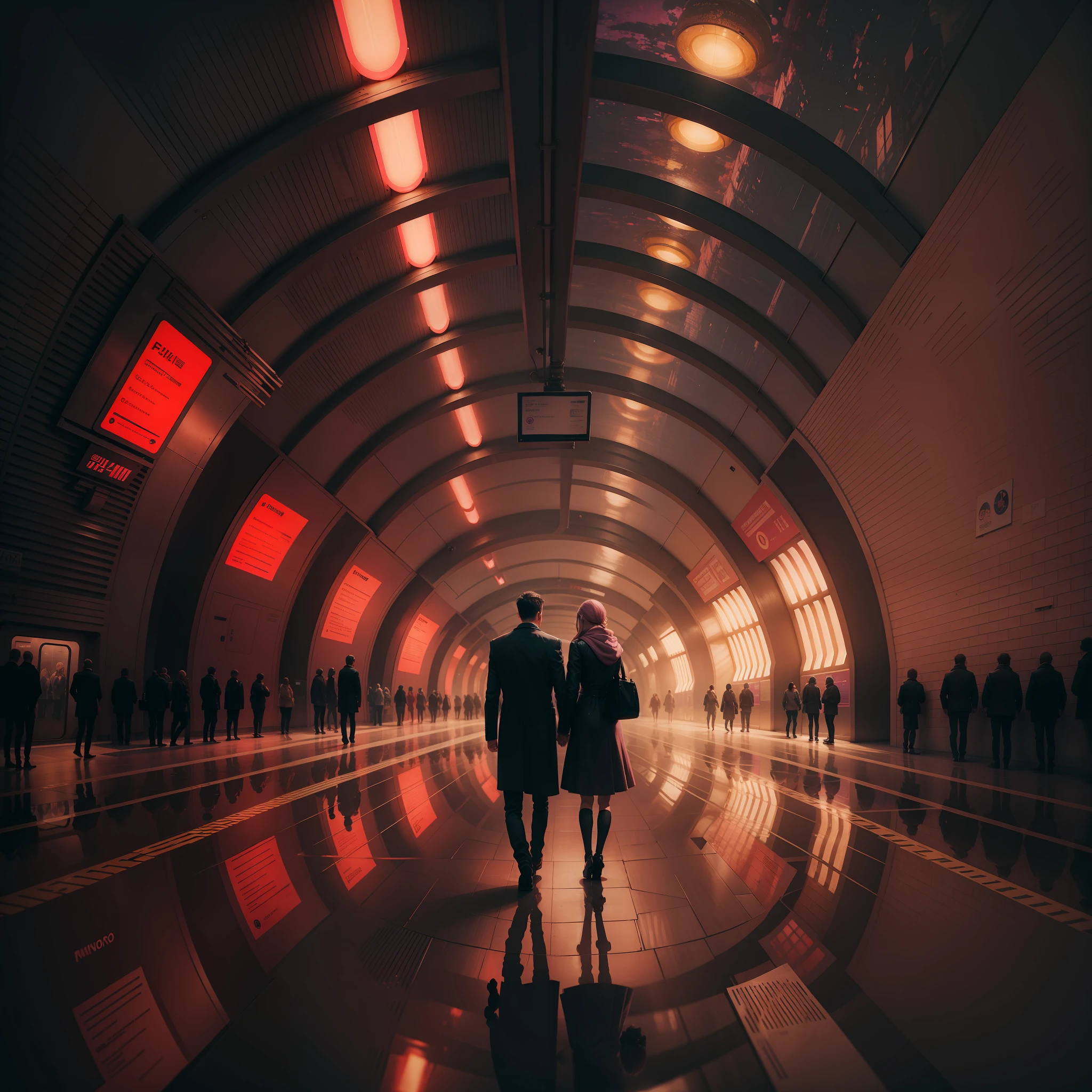 Picture of a couple in a subway station of the future, Lighting in mind-blowing pink, ambiente escuro, pintura de Claude Monet