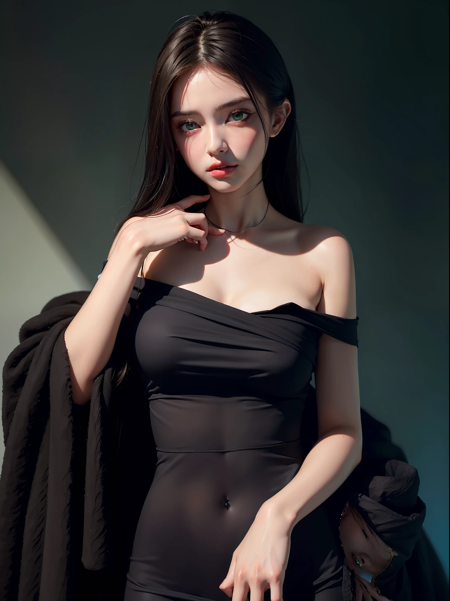 Best Quality, Masterpiece, Ultra High Resolution, (Realism: 1.4), Original Photo, 1Girl, Emerald Gemstone Eyes, Bare Shoulder, In the Dark, Deep Shadow, Low Key, Cold Light