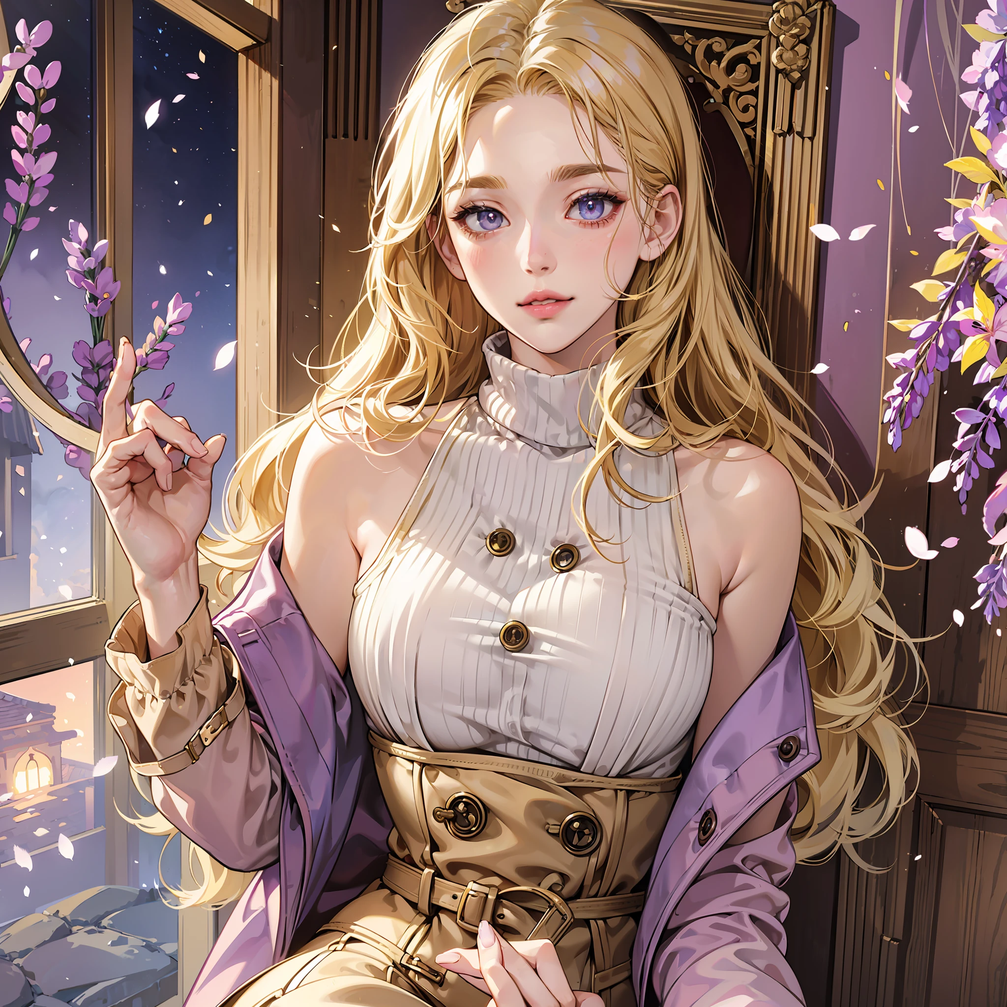 Anime woman, Cheekbones, detailed lips, blushing cheeks, shoulder length hair, ((golden blonde hair)), 25 years old, button nose, glossy lips, pink lipstick, ((lavender eyes)), round cheeks, D-cup breasts, ((brown trench coat)), full lips, sweet smile, detailed eyes, masterpiece, tall, graceful, strong arms, broad shouldered, turtleneck sweater, modest clothing, cozy cottage, ranch house --auto --s2