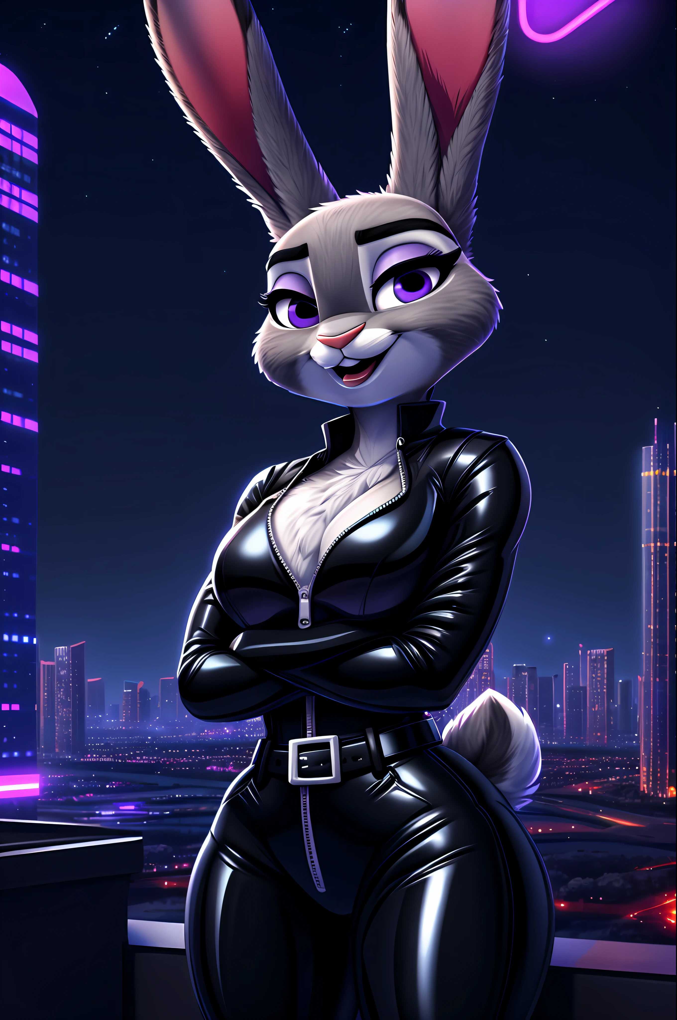 Judy Hopps, Night City Lights, Skyscraper With Neon Lights, Portrait Of Stunningly Beautiful Furry Bunny Girl, Soft Delicate Beautiful Attractive Face With Alluring Purple-Black Eyes, Lovely Medium Breast, Voluminous Eyebrow With Piercing, Thick Eyelashes, (Smug Face:1.1), Open Bunny Snout Mouth, Gray Thick Layered  Body Fur, Long Bunny Ears With Tail, Black Parted Lips, High Quality Black Latex Texture Full Bodysuit With Close Zipper, Purple Trim Clothes, Buckle Waist Belt, Standing On Highest City Rooftops, Bright Night City Skyline Background, (Crossed Arms:1.2), (Highest Quality, Amazing Details:1.4), Cel Shading, Raytracing, Color Grading, 3D Animation, Picturesque Scenery