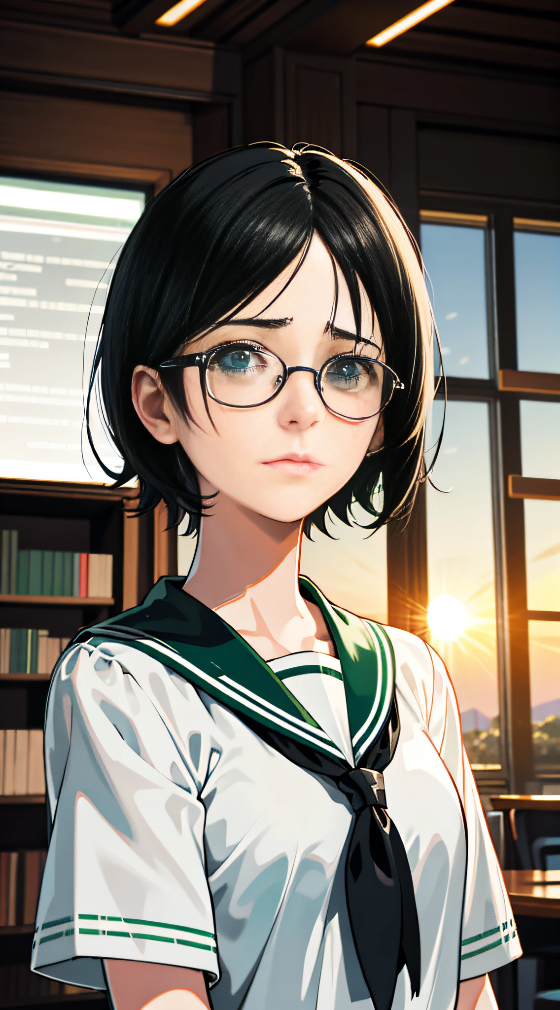 Anime Reference 86, school, atmosphere, alone, woman, girl, green eyes, (very short black hair), (round glasses), general uniform, white sailor suit, realistic face details, realism, 3D face, pretty face, (library), sunset light, (((sad expression)), crying face,