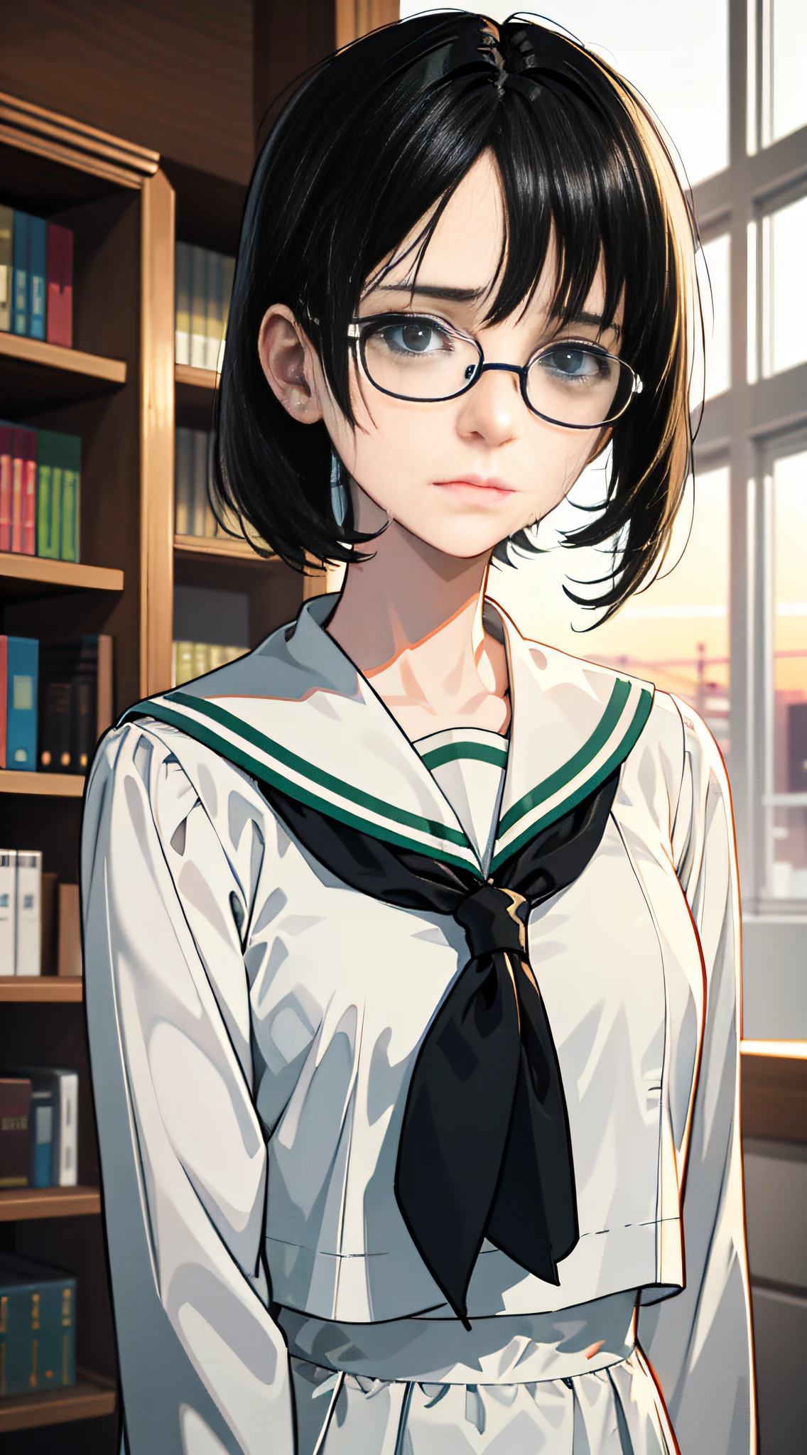 Anime Reference 86, school, atmosphere, alone, woman, girl, green eyes, (very short black hair), (round glasses), general uniform, white sailor suit, realistic face details, realism, 3D face, pretty face, (library), sunset light, (((sad expression)), crying face,