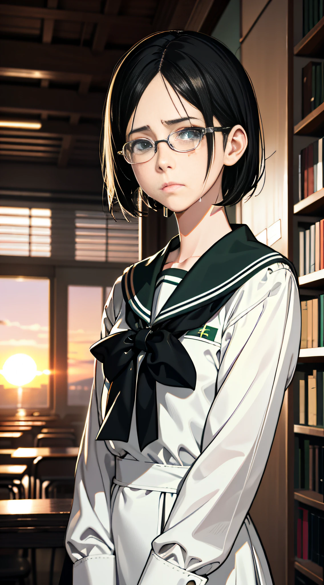 Anime Reference 86, school, atmosphere, alone, woman, girl, green eyes, (very short black hair), (round glasses), general uniform, white sailor suit, realistic face details, realism, 3D face, pretty face, (library), sunset light, (((sad expression)), crying face,