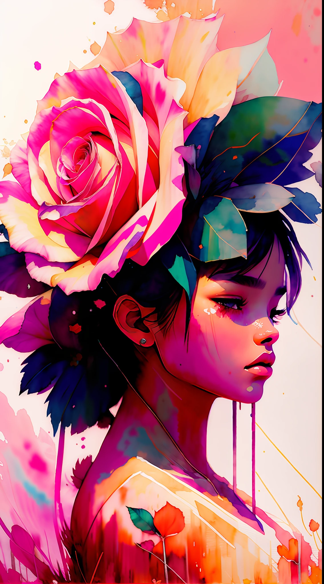 wtrcolor style, (rose) digital art, official art, blown by the wind, masterpiece, beautiful, ((watercolor)), paint splatter, intricate detail. Great detail, [dripping:0.7], Trending on Artstation, Rachel Walker