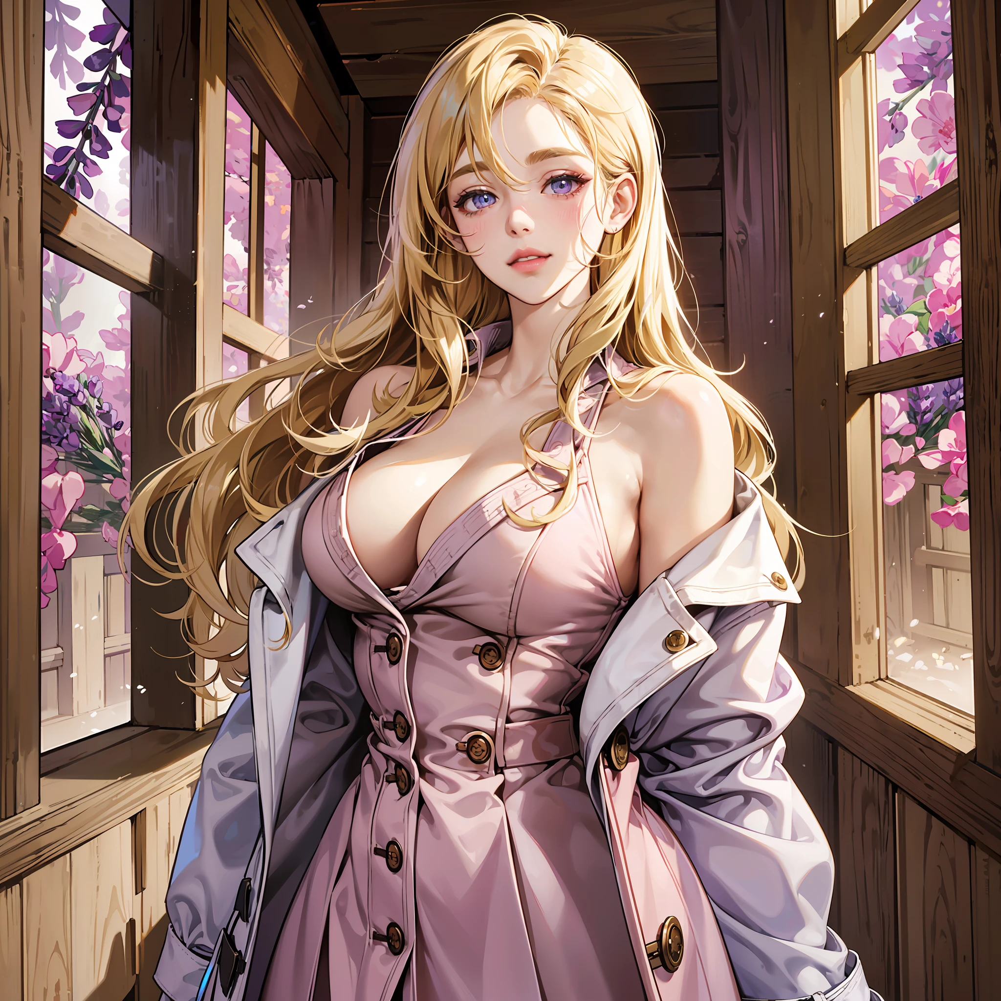 Anime woman, Cheekbones, detailed lips, blushing cheeks, shoulder length hair, ((golden blonde hair)), 25 years old, button nose, glossy lips, pink lipstick, ((lavender eyes)), round cheeks, D-cup breasts, ((brown trench coat)), full lips, sweet smile, detailed eyes, masterpiece, tall, graceful, strong arms, broad shouldered, dress shirt, modest clothing, cozy cottage, ranch house, muscle arms --auto --s2