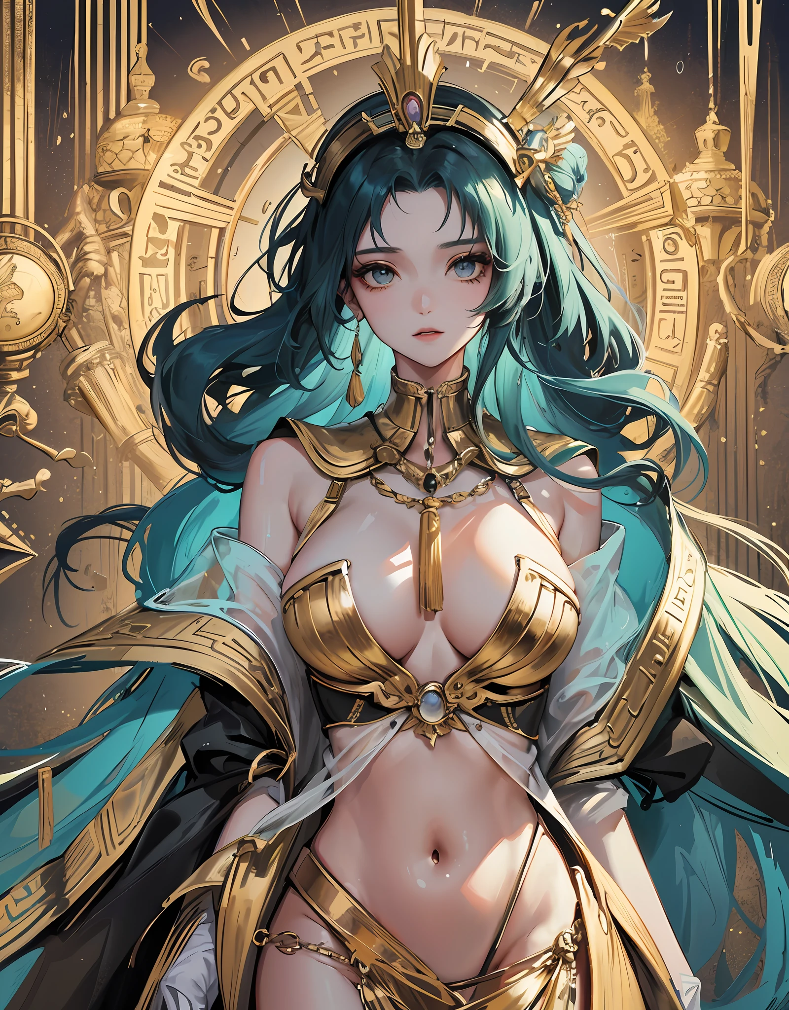Tephnut,Ancient Egyptian god of moisture,((God of rain)),Daughter of the sun god Ra,The wife of the god of wind,The embodiment of natural disasters,The Eye of the Helios,Rule the weather,Associated with moisture,Majesty,Symbolizes recovery and luxury,Fickle personality,Neutral beauty,married woman,Plump the,It was raining in the background,Perfect breasts,Side breasts,with short hair,Medium Breast,Slim waist,Green tattoo,(Clothes soaked by the rain),Fair skin,Silk cape,(Lots of fine Egyptian ornaments),Egyptian style,Perfect flesh full of texture, Natural rendering, Captivating visual treat,((Bestquality)), (Epic lighting),((a masterpiece)),Half body,Maximum Sharpness,super verbose, illustartion,(Super detailed face),(perfect face),Clear texture,Ultra HD detail display, Excellent image performance,High-high quality illustrations,Perfect fit and harmonious tones,Deep lines,Precise brushstrokes,Wonderful color scheme,with intricate details