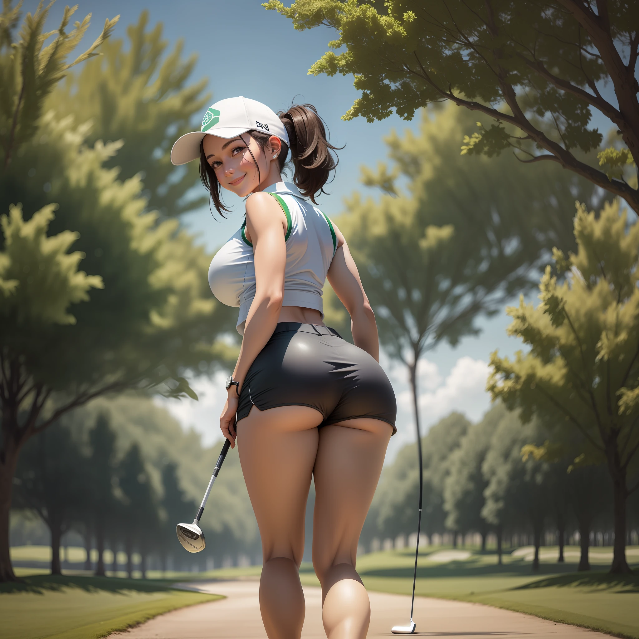 1woman, 30 years old, walking to the hole, near the flag in the green, full body, playing golf, golf course, nice, short dark hair, white cap, ponytail, smiling, looking at viewer, cute face, holding a golf club, white open shirt, sleeveless, perfect butt, narrow waist, very short pants, big breasts, from above, centered