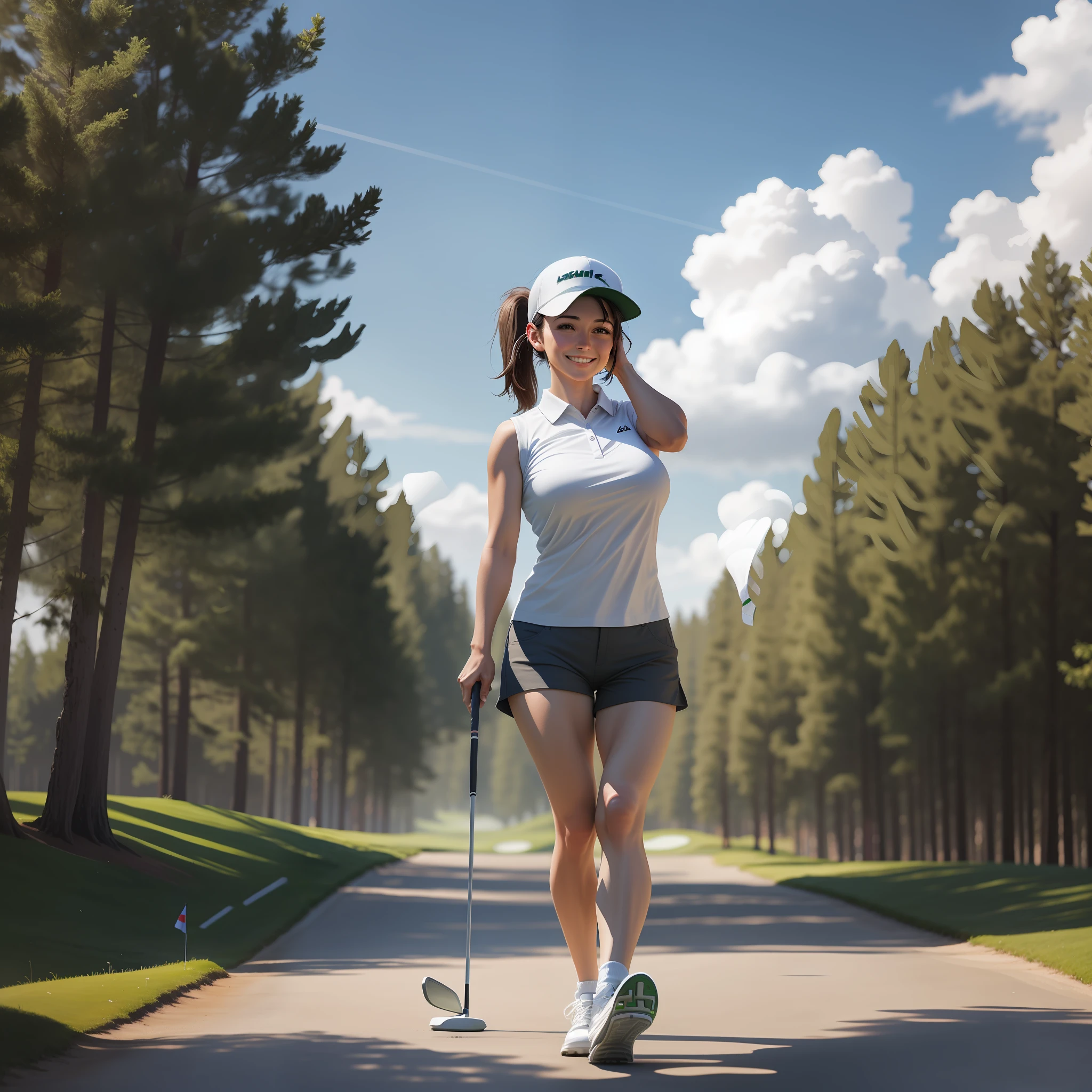 1woman, 30 years old, walking to the hole, near the flag in the green, full body, playing golf, golf course, nice, short dark hair, white cap, ponytail, smiling, looking at viewer, cute face, holding a golf club, white open shirt, sleeveless, perfect butt, narrow waist, very short pants, big breasts, from above, centered