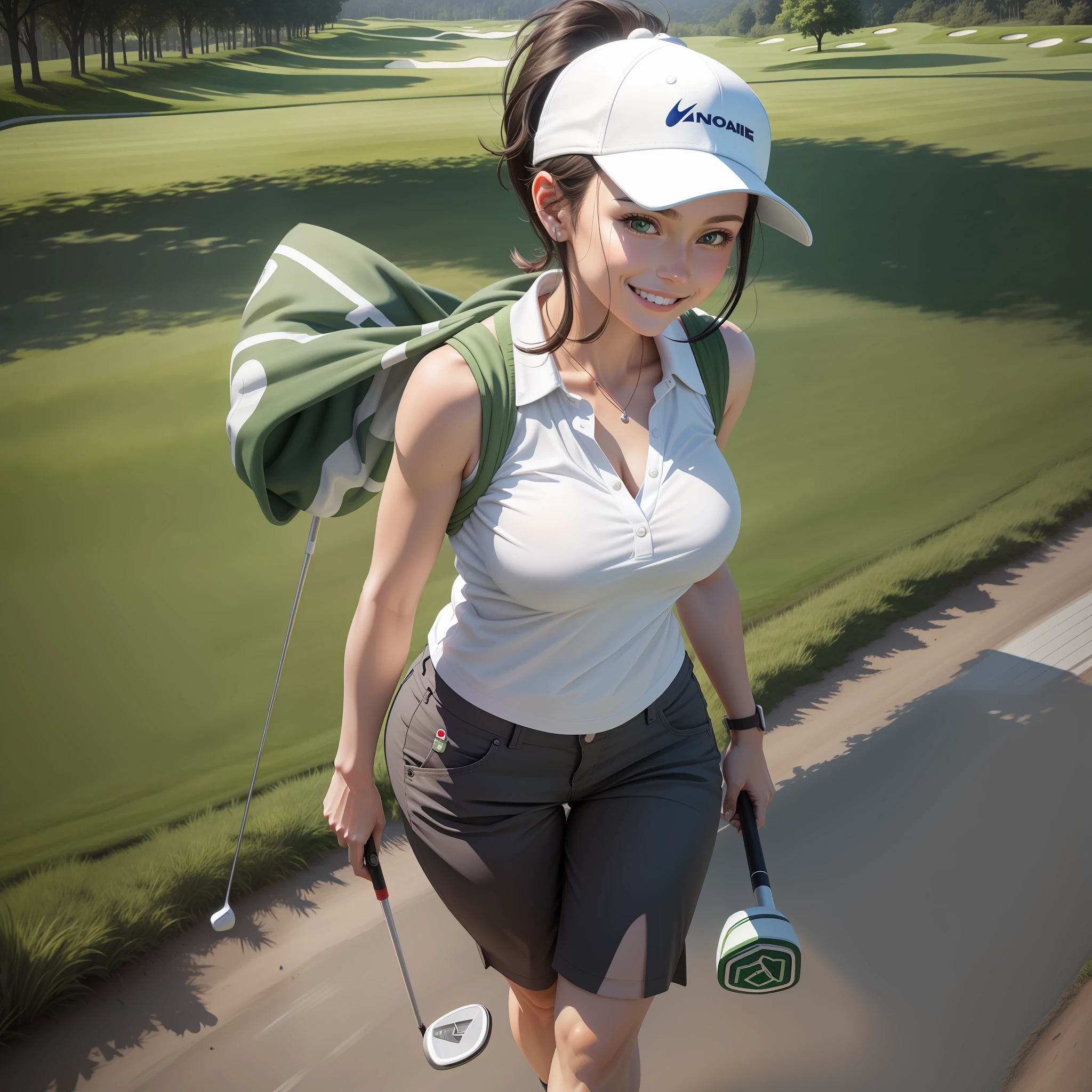 1woman, 30 years old, walking to the hole, near the flag in the green, full body,  playing golf, golf course, nice, short dark hair, white cap, ponytail, smiling, looking at viewer, cute face, holding a golf club, white open shirt, sleeveless, perfect butt, narrow waist, very short pants, big breasts,  from above, centered