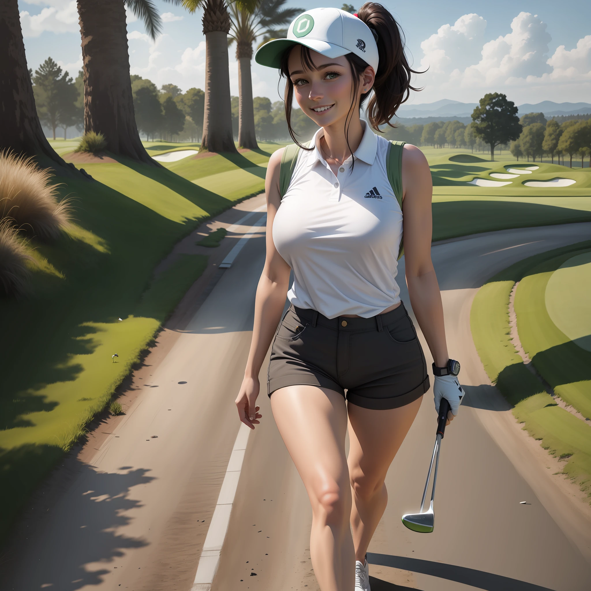 1woman, 30 years old, walking to the hole, near the flag in the green, full body, playing golf, golf course, nice, short dark hair, white cap, ponytail, smiling, looking at viewer, cute face, holding a golf club, white open shirt, sleeveless, perfect butt, narrow waist, very short pants, big breasts, from above, centered