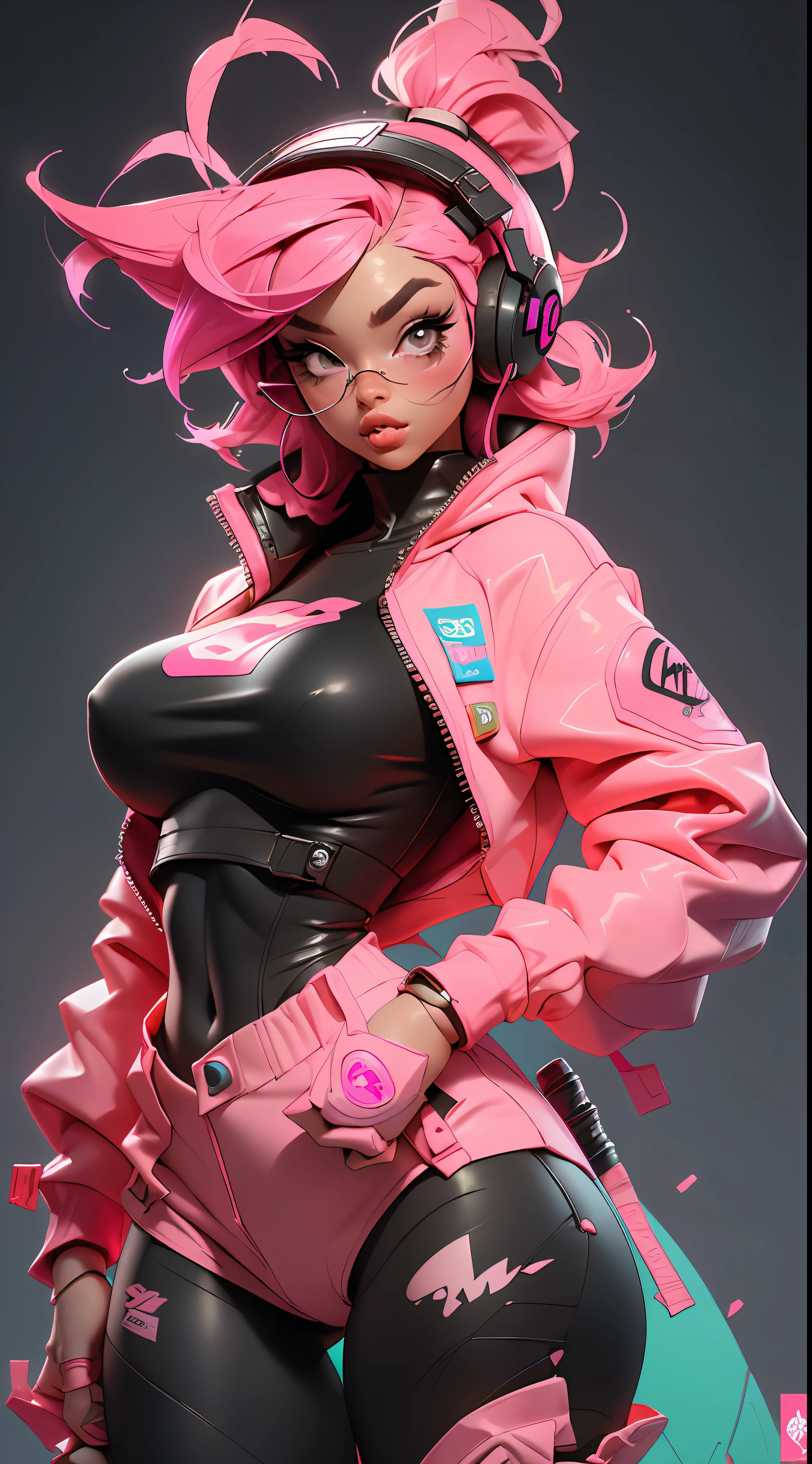 ((Best quality)), ((masterpiece)), ((realistic)) and ultra-detailed photography of a 1nerdy cute girl with neon headphones, She has ((pink hair)), is wearing an orange techwear jacket, and exudes a ((beautiful and aesthetic)) vibe,(big ),(erect,