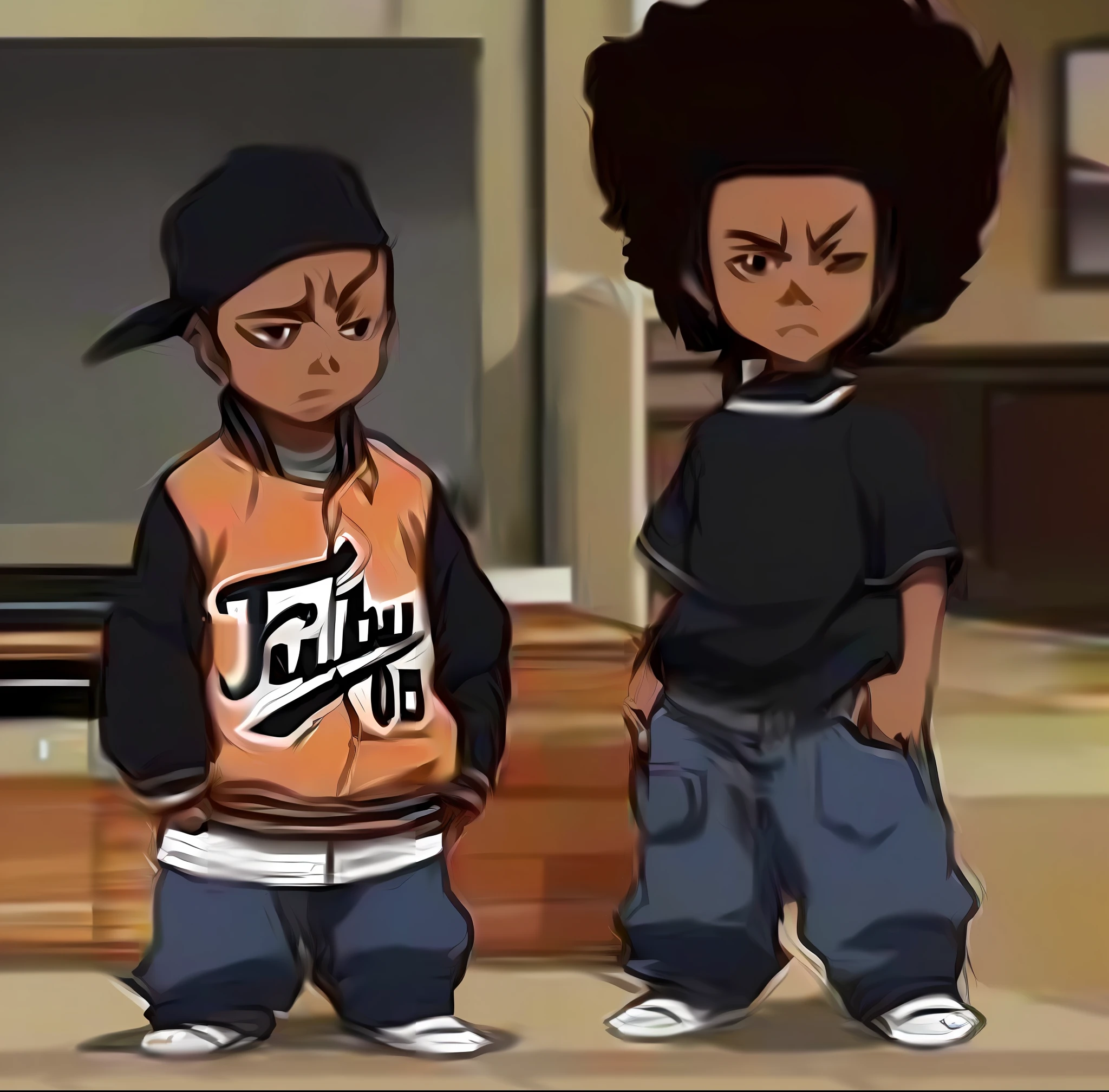 cartoon of two young boys standing in front of a television, estilo anime", estilo desenho animado, em estilo cartoon, estilo anime afro samurai, Sirius A e Sirius B, they are very serious, Bandidos, afro samurai animes style, estilo bonito dos desenhos animados, estilo de arte dos desenhos animados, Fujita Goro e Jones, Estilo Afro Samurai, infantil, :14 Estilo anime dos anos 80