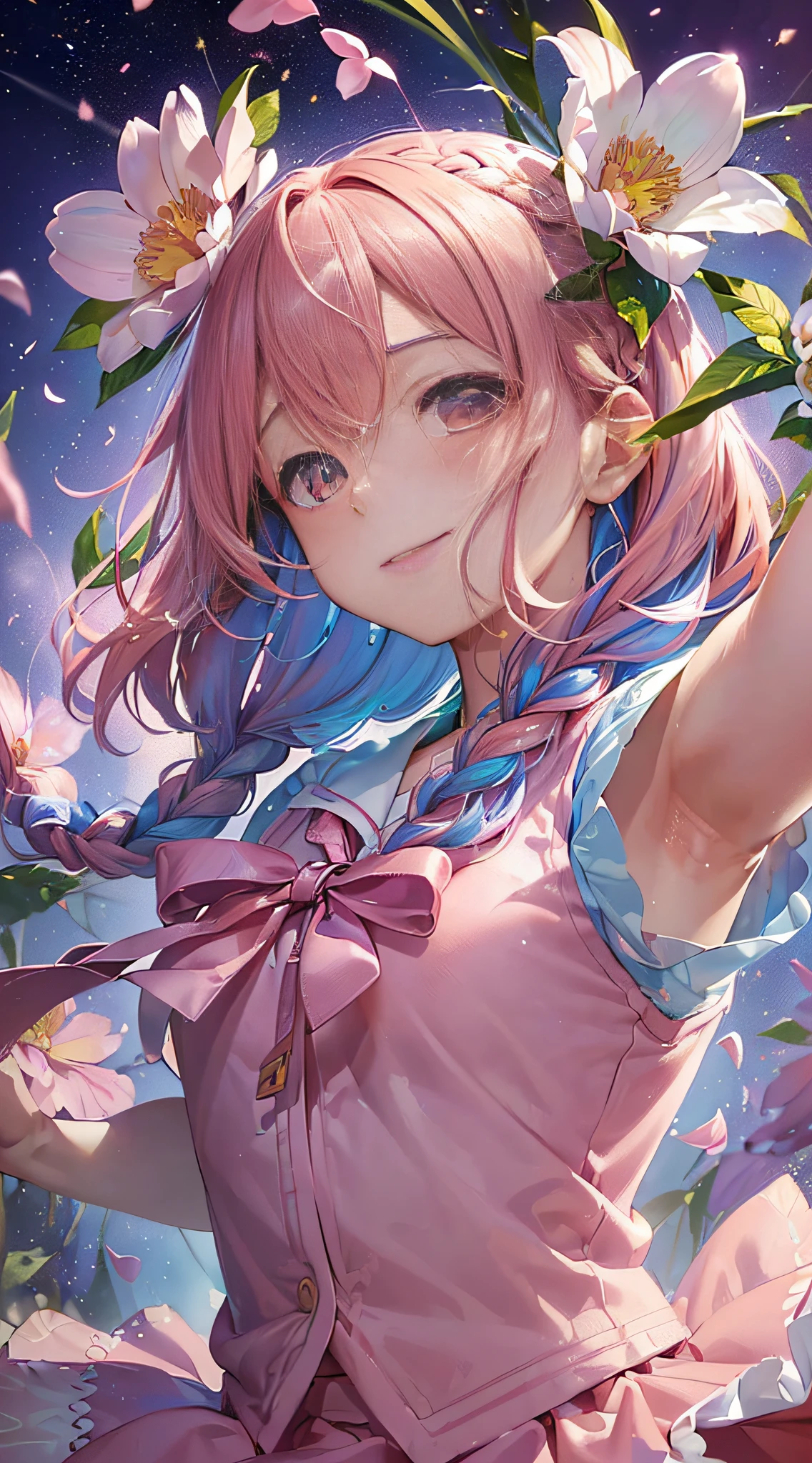 High resolution, Hyper-detailing, (((((2D))), Japan people, 1 girl, 16-years old-old high school girl, (((PINK HAIR)), intricate and beautiful braided hairstyle, pink school uniform, pink skirt, designer uniform, short sleeve, sailor clothes, (bob hair), dull bangs, finely quality eyes, golden ratio face, 8 life-bodies, sun light, complex iridescent light grains, complex light reflection, beautiful petal shower, Background blue sky, transparency, hidden beauty, smiled、, depiction with depth, upper half body, full of energy, looks at the viewer, fantastic depiction, complex attraction, tenderness overflowing from within, neon, beautiful fine petals or dancing, little skin exposure, dynamism, carefully drawn fingers, many flowers drawn, soft skin, heart ribbon, beautiful hands, colored flowers