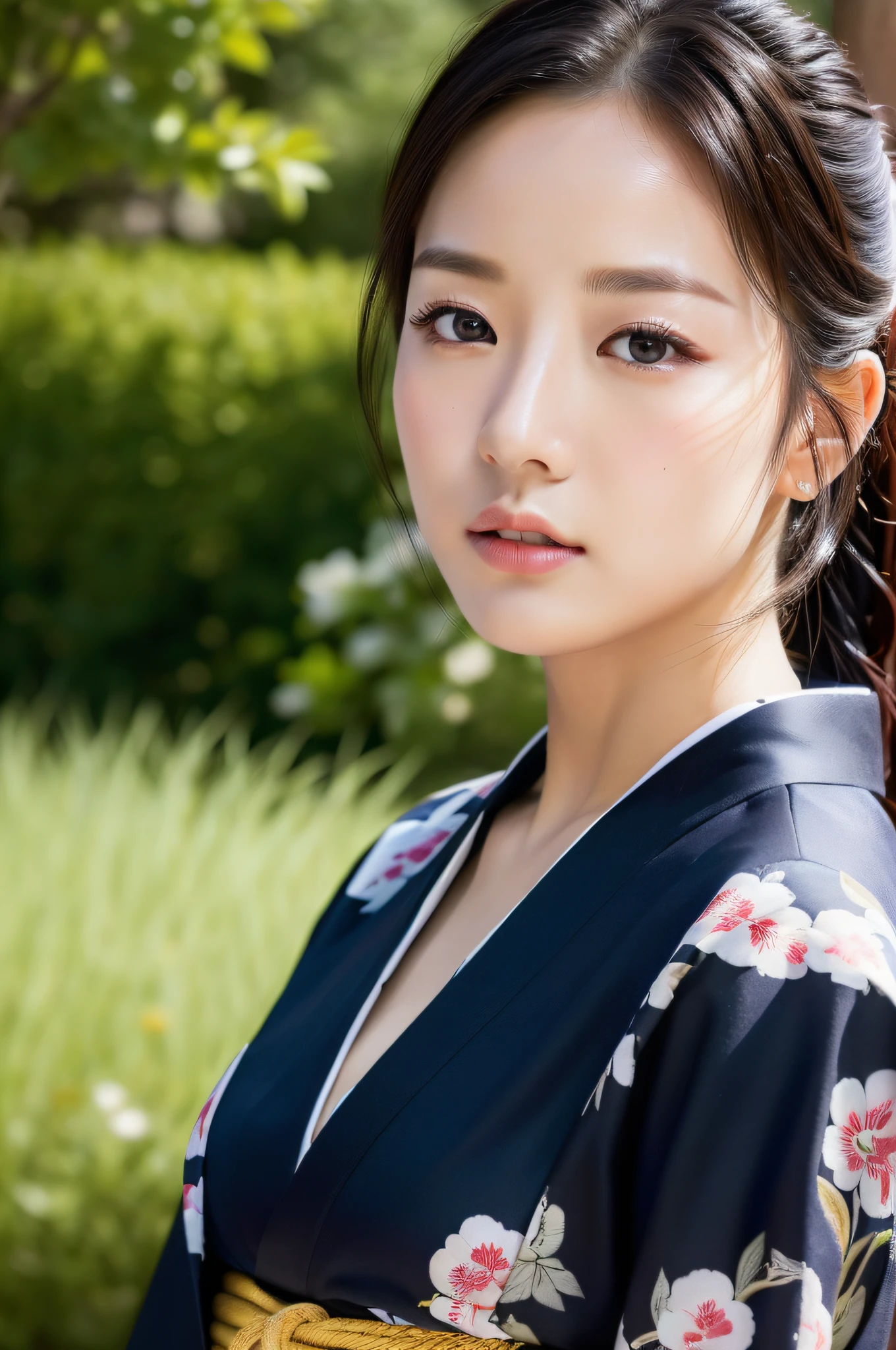 ((Top Quality, 8K, Masterpiece: 1.3)), Sharp Focus: 1.2, (Super Beautiful Face: 1.0), Realistic Photo, (Shiny Skin: 1.2), Realistic Photo, Black Hair, Realistic Pupil, Movie Lighting, Highly Detailed Eyes and Face, medium breasts, in nature, traditional kimono, cowboy shot